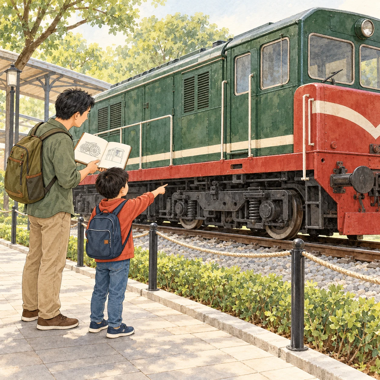 An adult and child observe locomotive wheels from outside a rope barrier and make notes