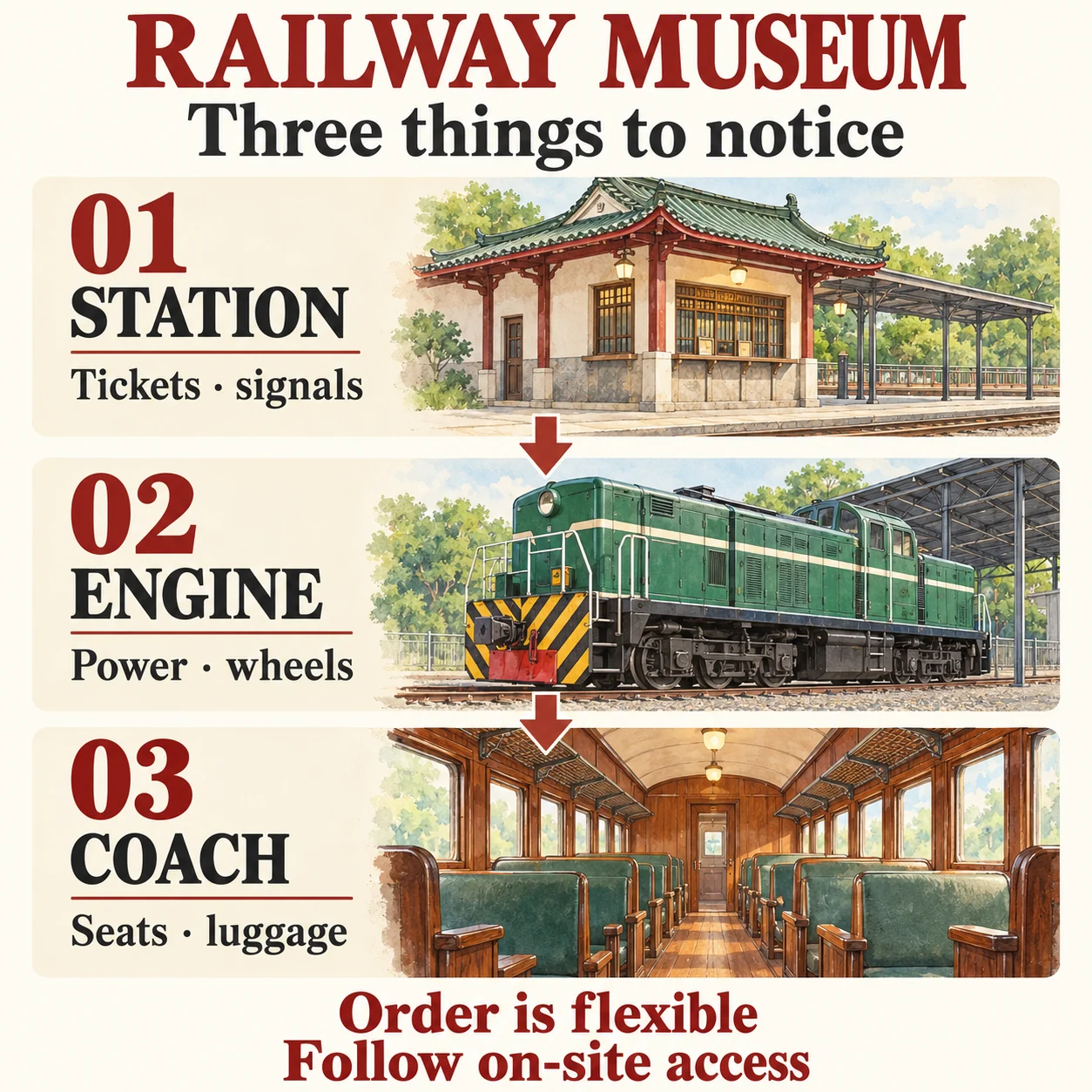Three museum tasks: station tickets and signals, locomotive power and wheels, coach seats and luggage