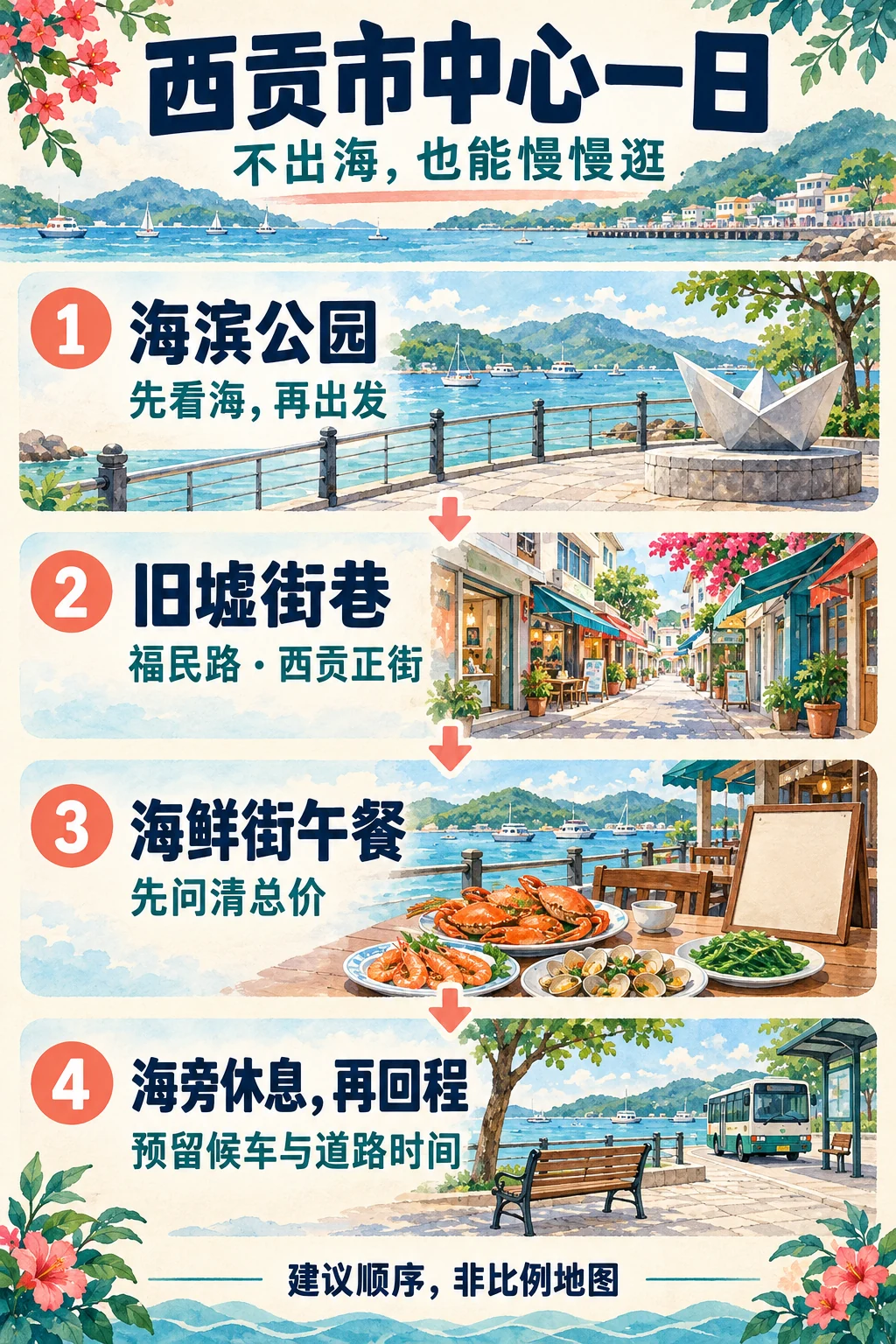 海滨公园、旧墟街巷、海鲜午餐与海旁休息的建议顺序