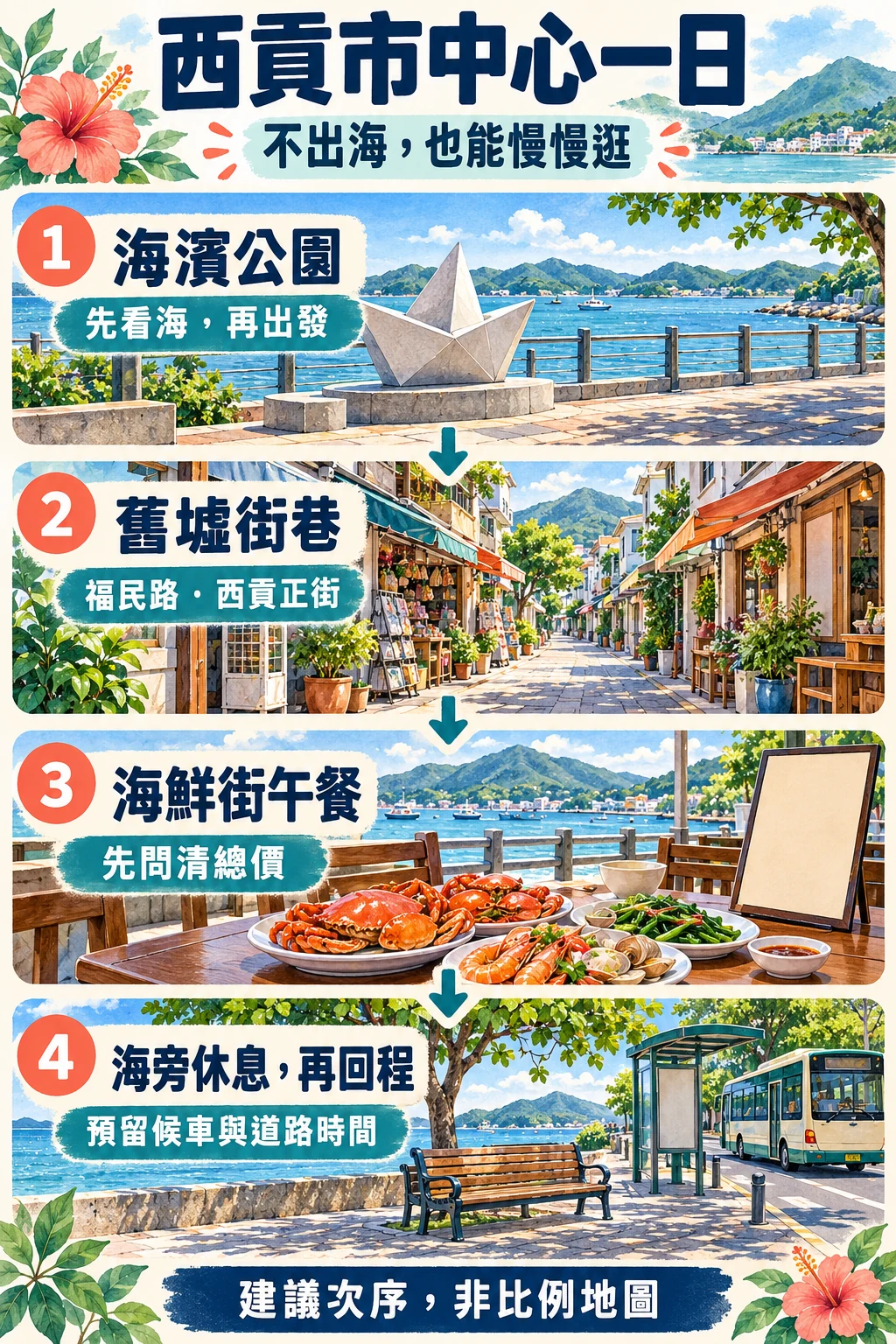 海濱公園、舊墟街巷、海鮮午餐與海旁休息的建議順序