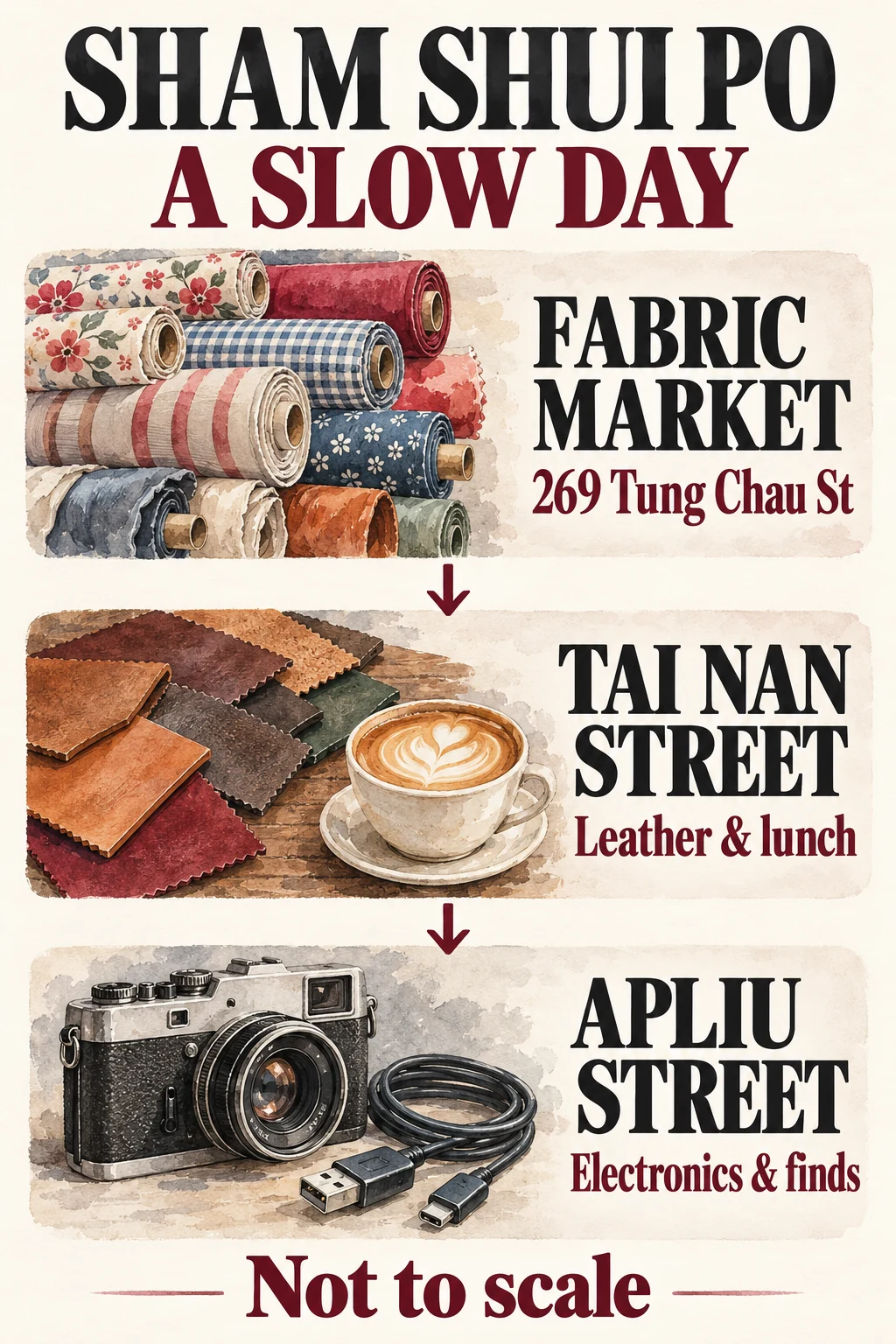 A suggested sequence from the new fabric market to Tai Nan Street and Apliu Street