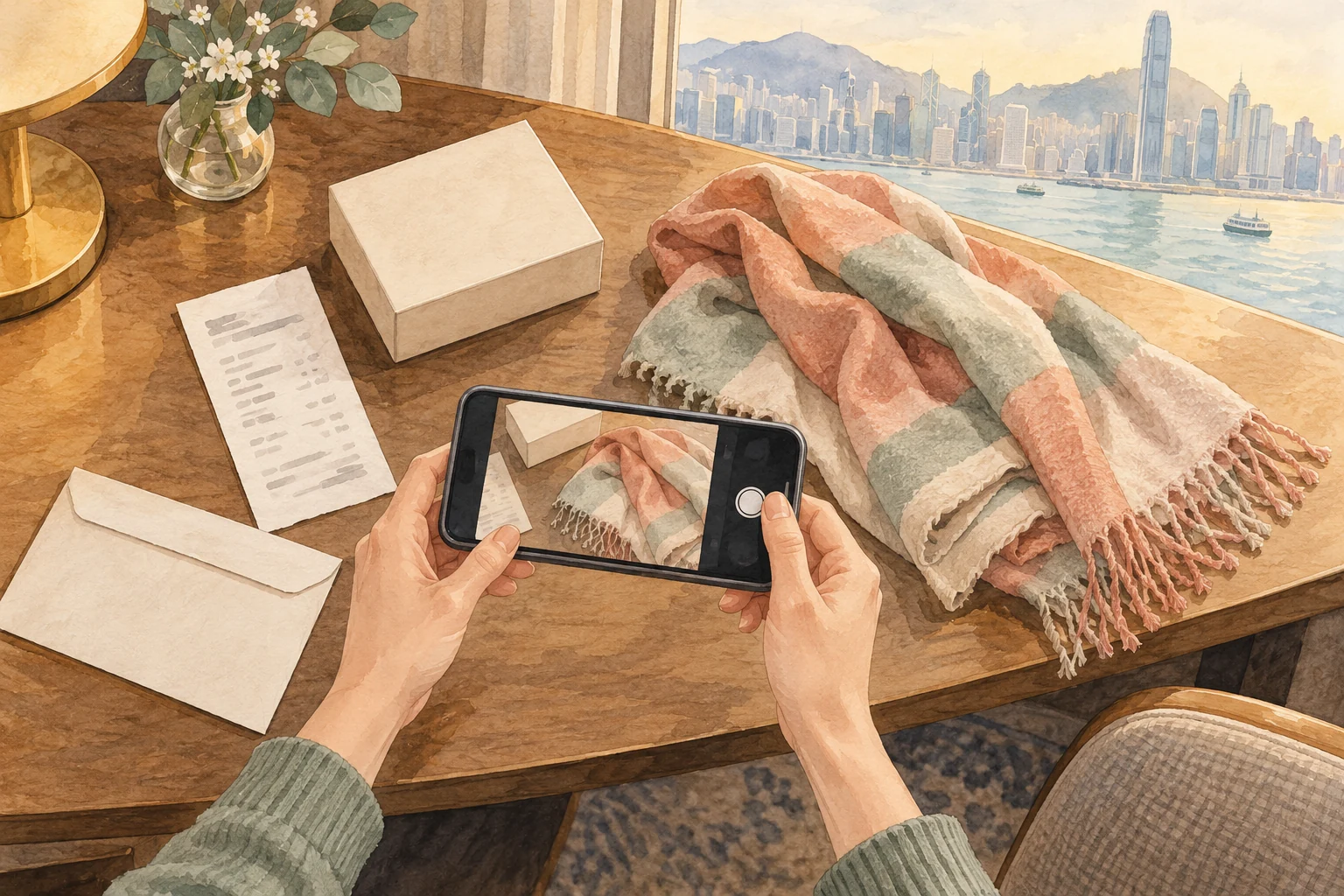 Hands photograph a scarf and receipt on a table