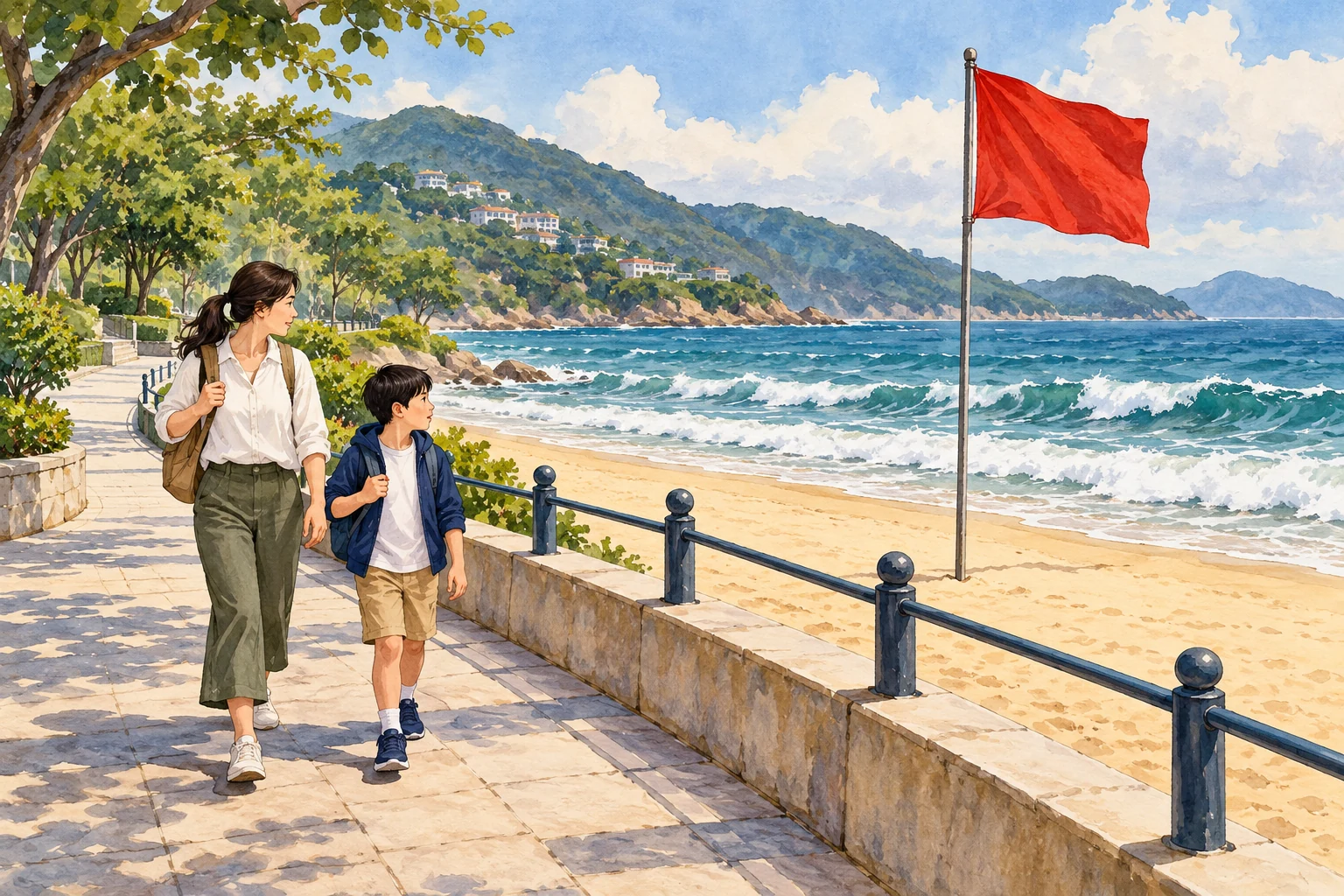 An adult and child remain on a promenade while a red flag flies beside rough water