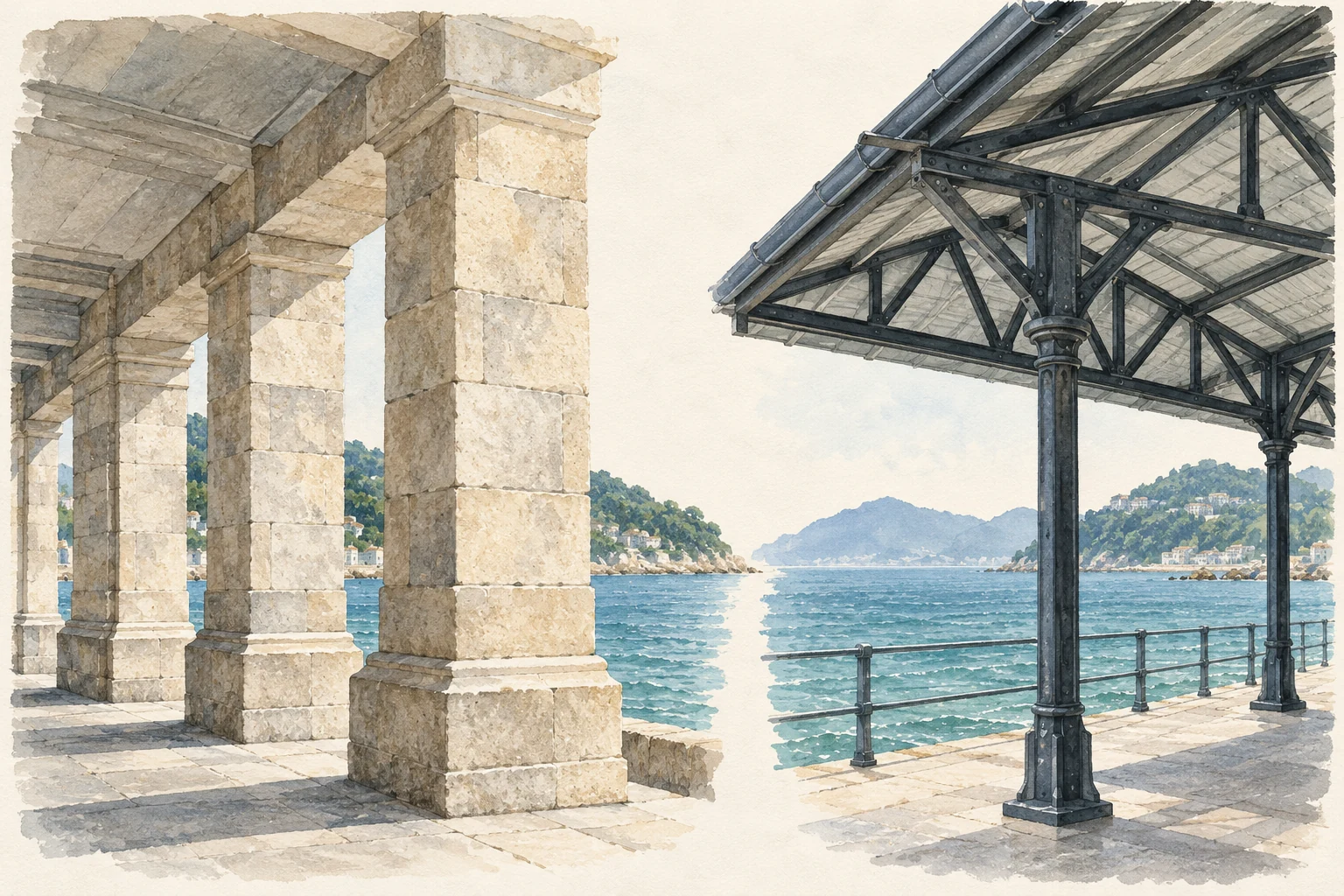 Side-by-side studies of a stone colonnade and iron roof structure