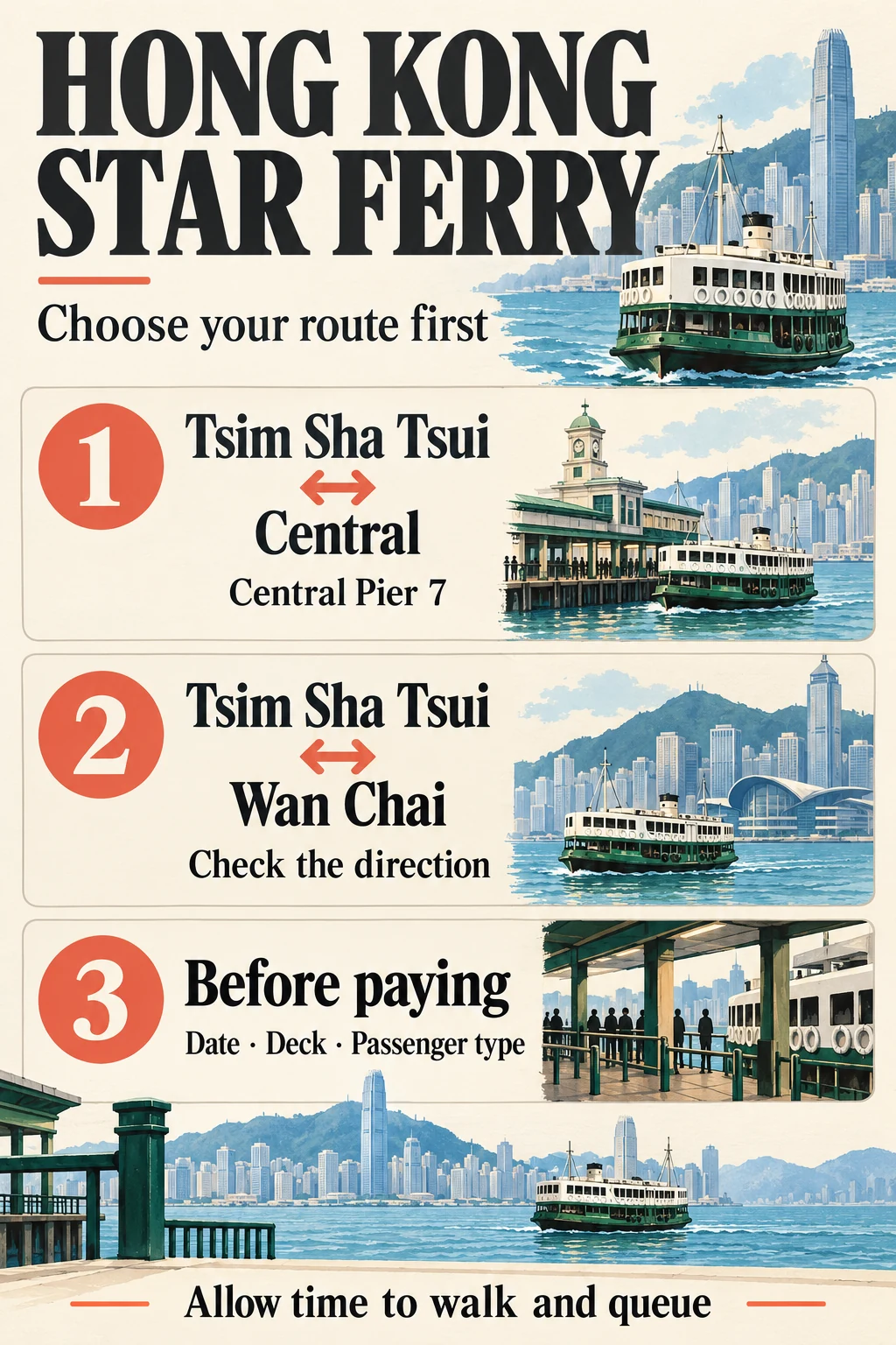 Star Ferry route choices, payment checks and walking allowance