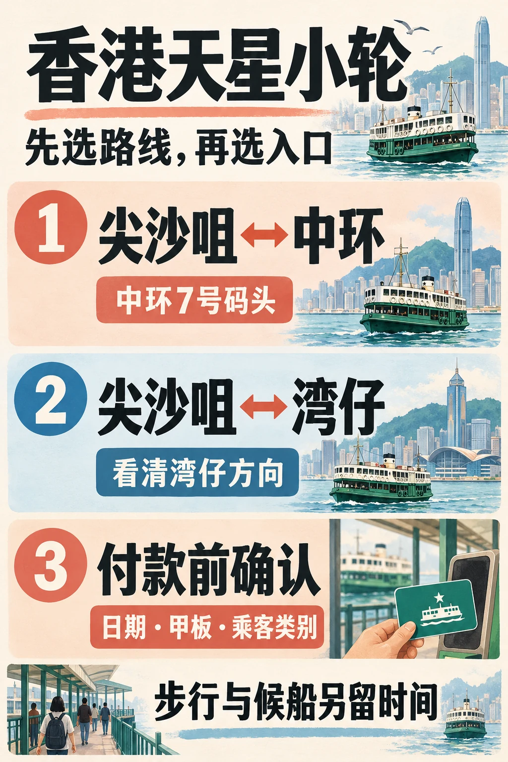 天星两线方向、付款前核对项目和步行候船提醒