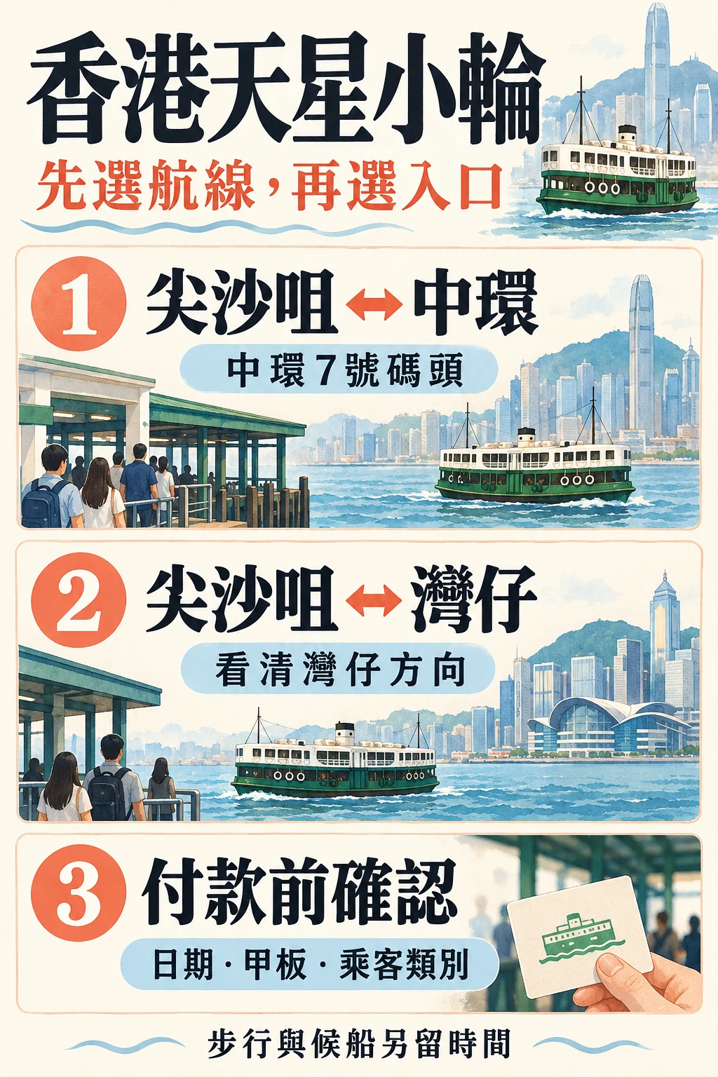 天星兩線方向、付款前核對項目和步行候船提醒