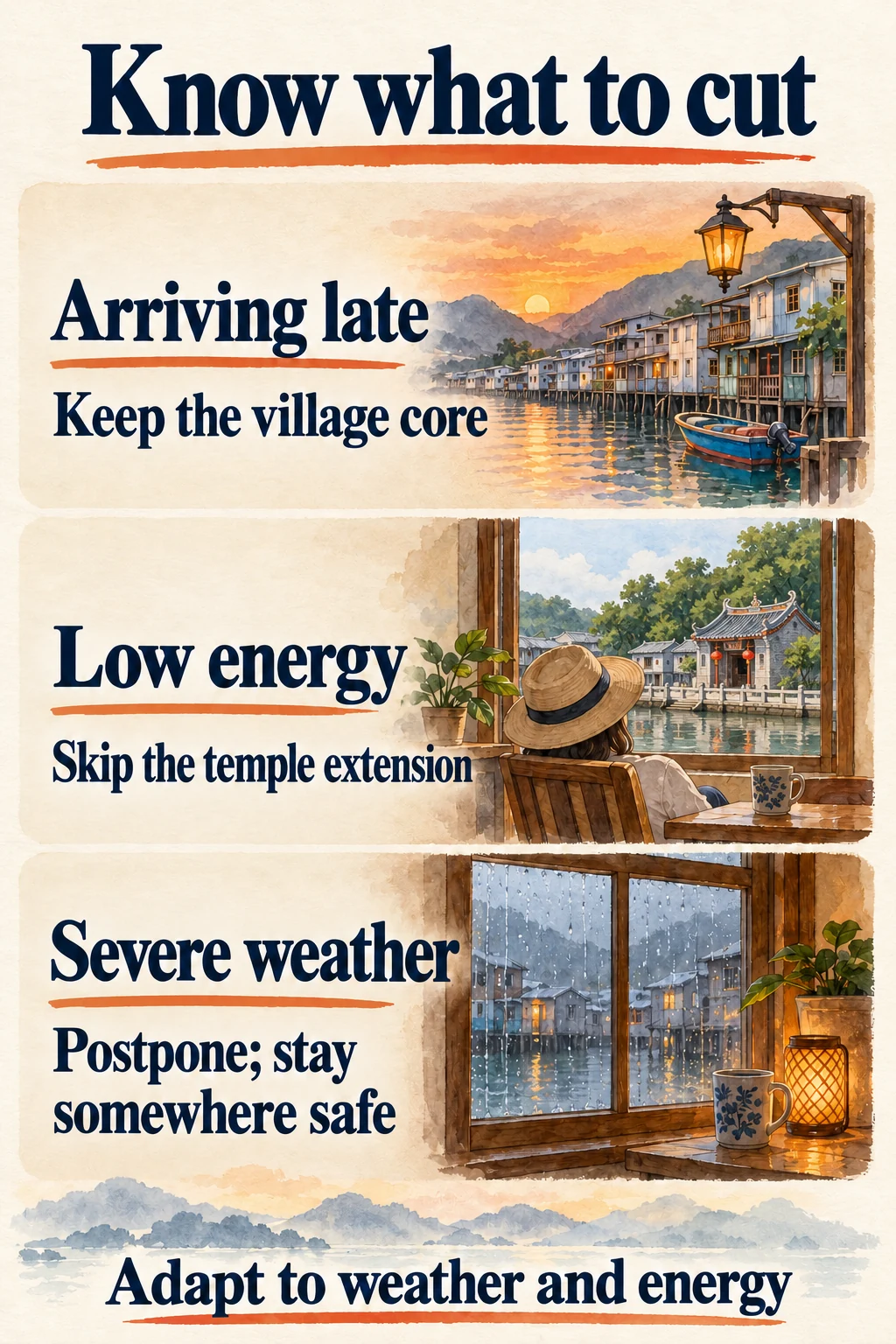 Cutback choices for late arrival, low energy and severe weather