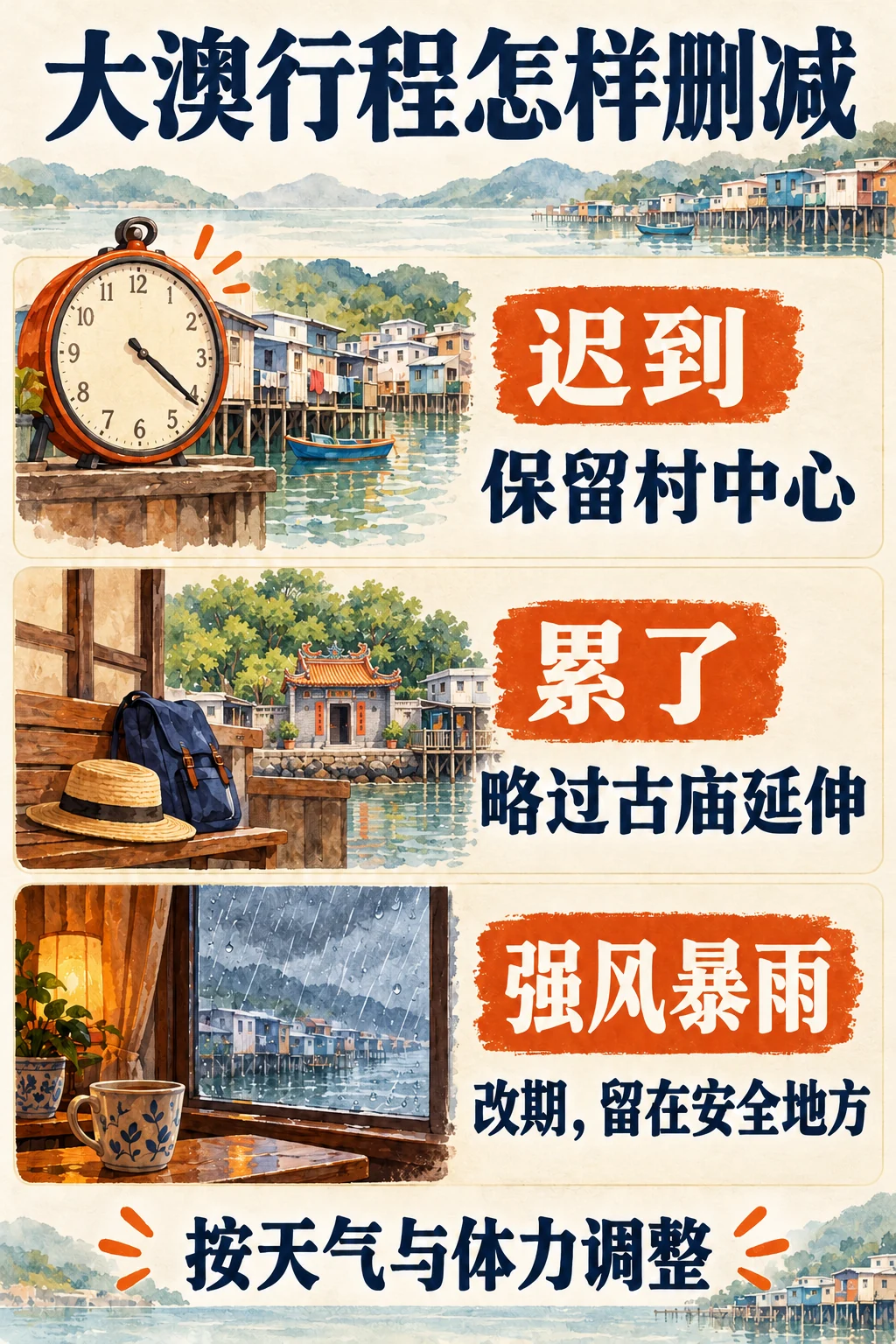 迟到保留村中心、疲劳略过古庙、强风暴雨改期的行程删减图