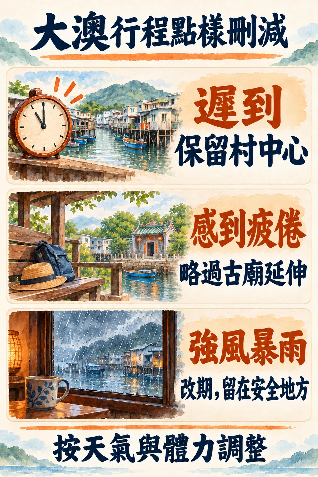 遲到保留村中心、疲勞略過古廟、強風暴雨改期的行程刪減圖