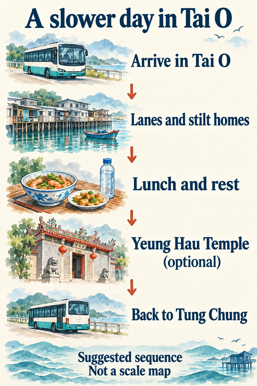 Five stages from arrival in Tai O to village lanes, lunch, optional temple and Tung Chung return