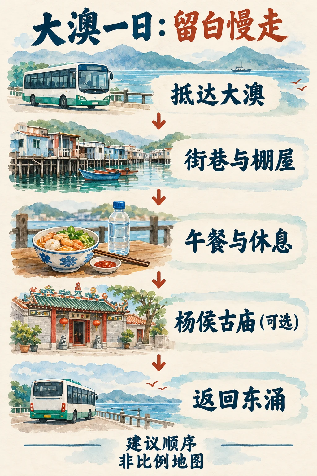 抵达大澳、看街巷棚屋、午餐休息、可选古庙和返回东涌五步图
