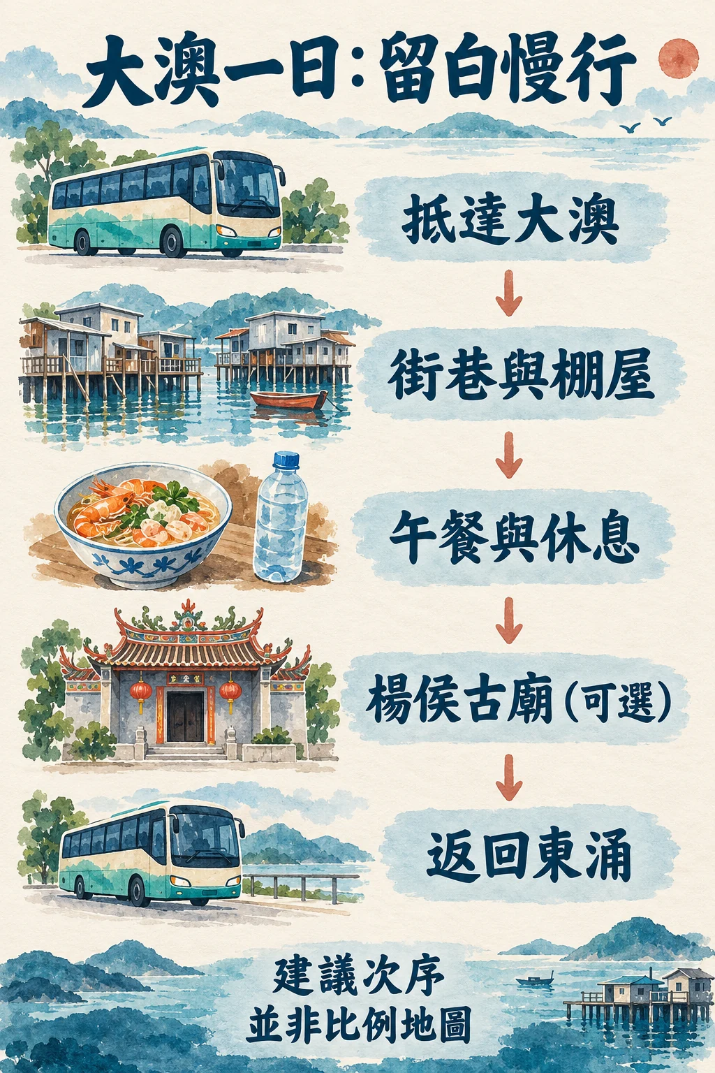 抵達大澳、看街巷棚屋、午餐休息、可選古廟和返回東涌五步圖