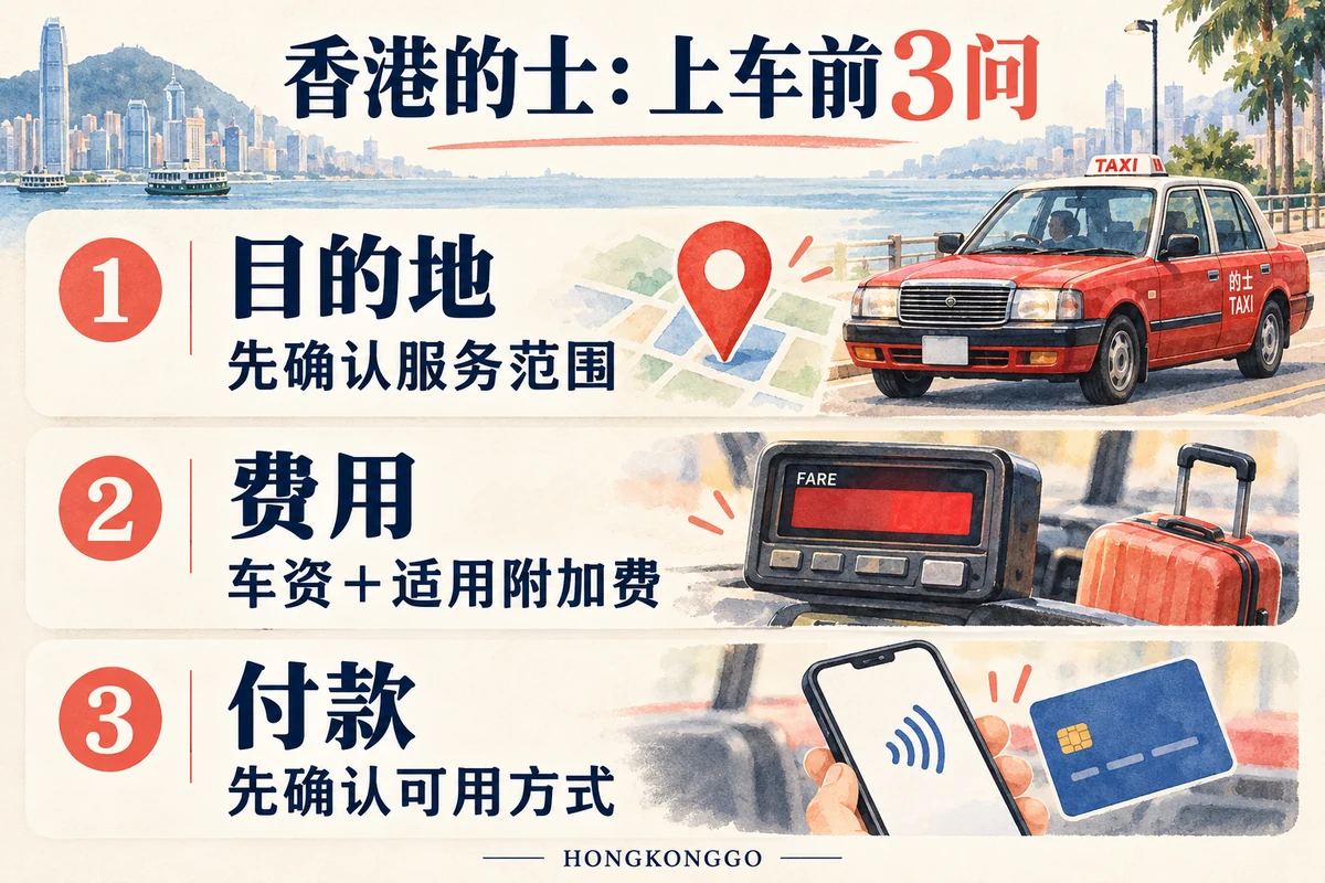 香港的士上车前确认目的地、费用及付款方式的三步图