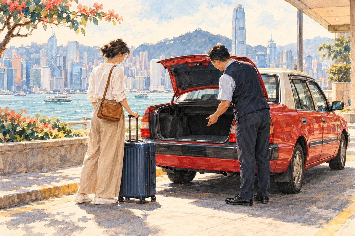 旅客與司機在紅色的士車尾箱旁確認行李空間