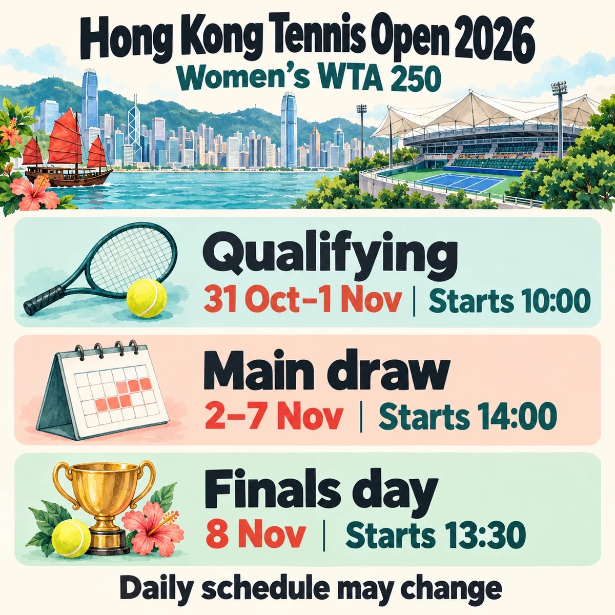 Qualifying, main-draw and final dates and start times for the 2026 women’s WTA250 event