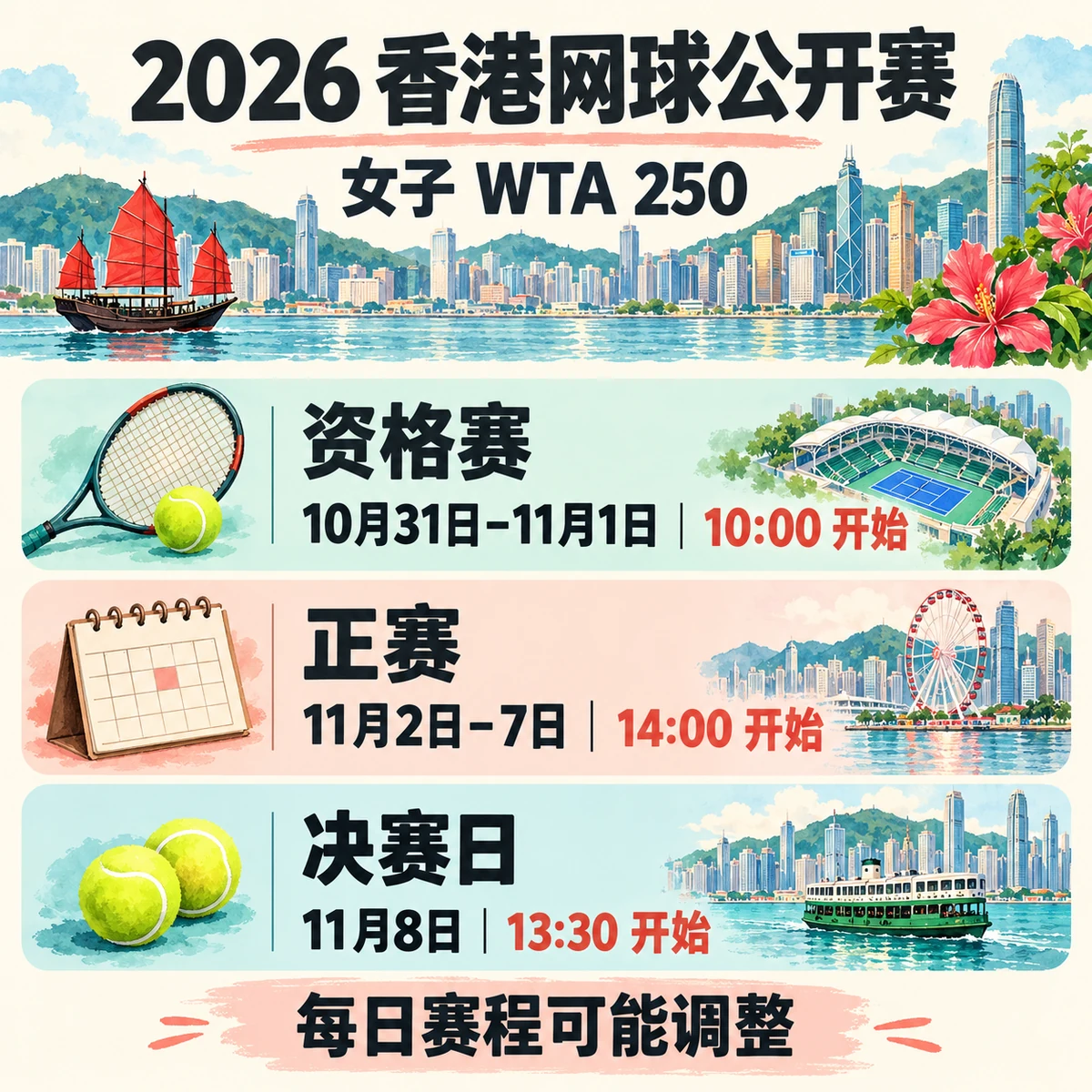 2026香港女子WTA250资格赛、正赛及决赛日期与开赛时刻