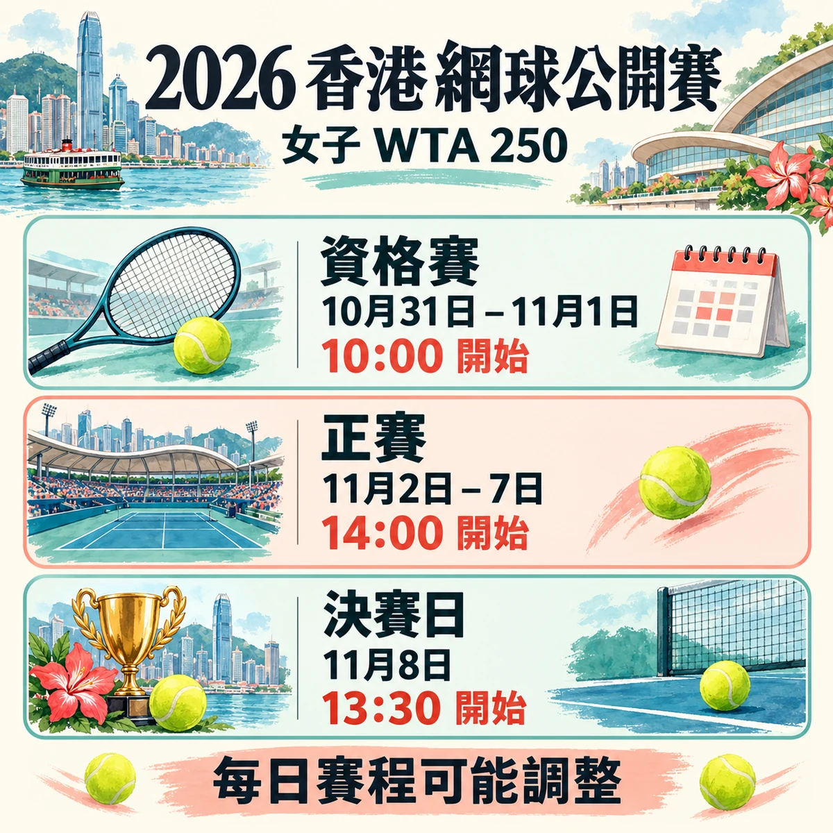 2026香港女子WTA250資格賽、正賽及決賽日期與開賽時刻