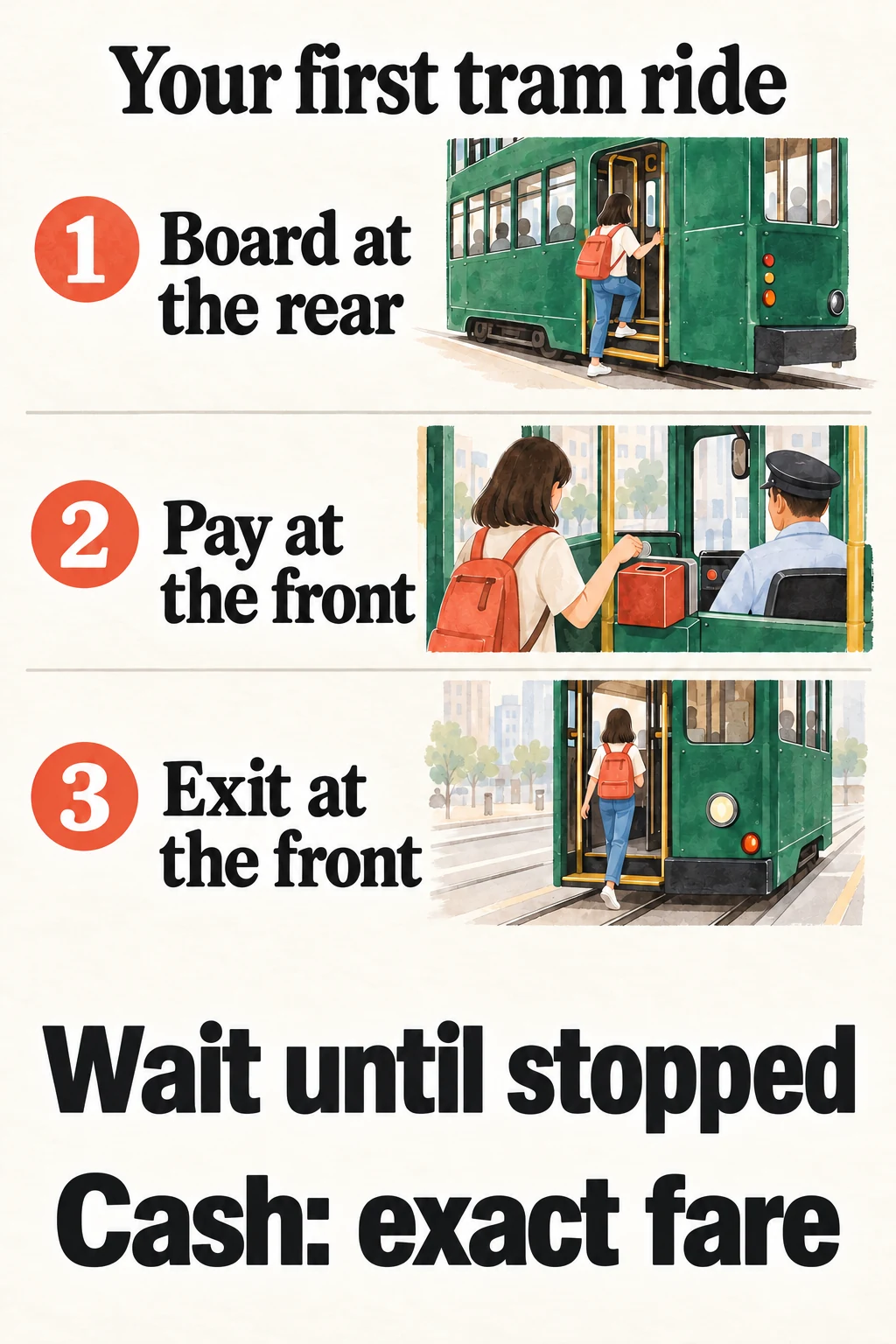 Boarding sequence: enter at the rear, pay at the front and leave through the front. Cash requires the exact fare; vehicle details are illustrative.