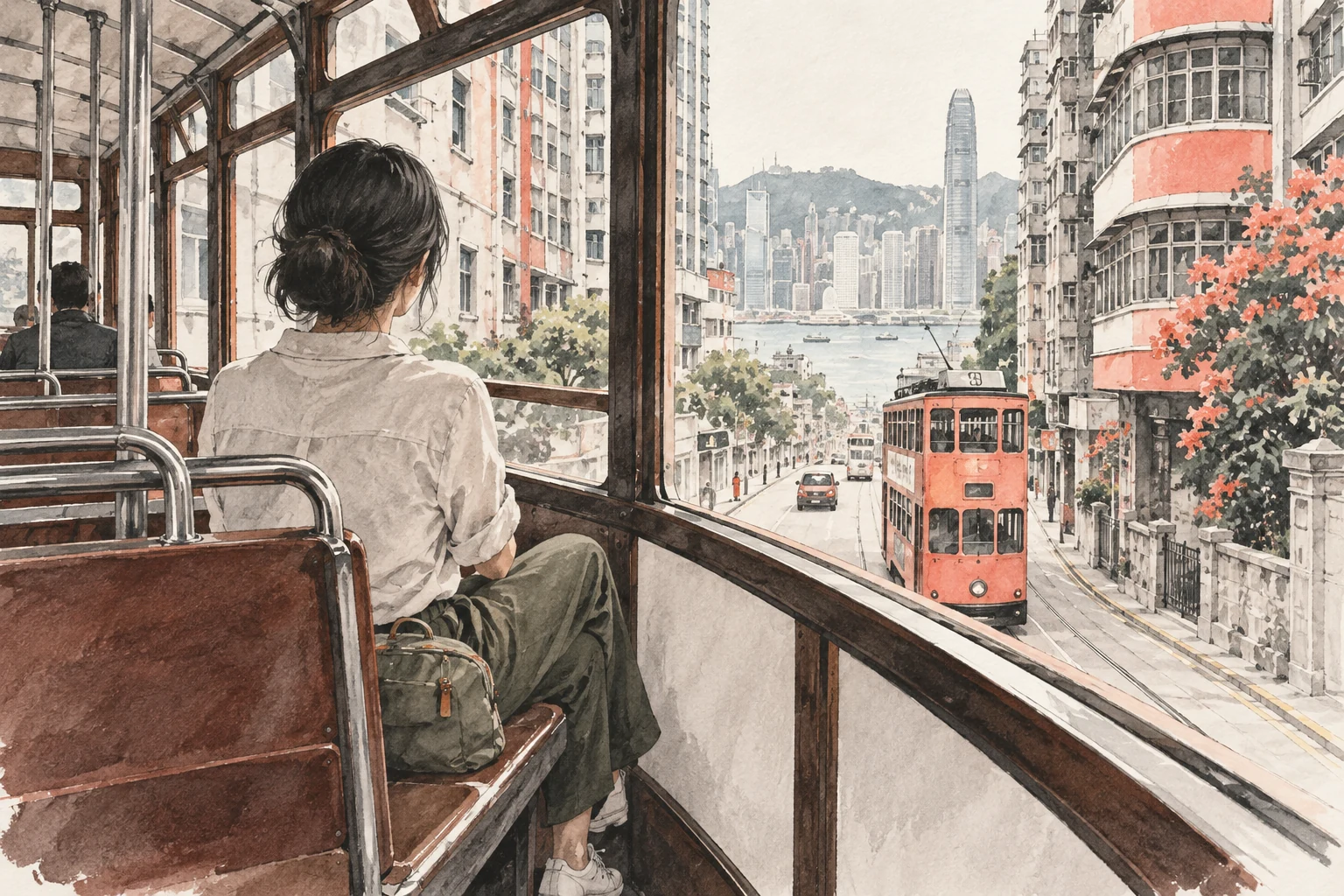 An illustration of seated, light-luggage sightseeing. The composite view outside is not an actual stop view or navigation reference.