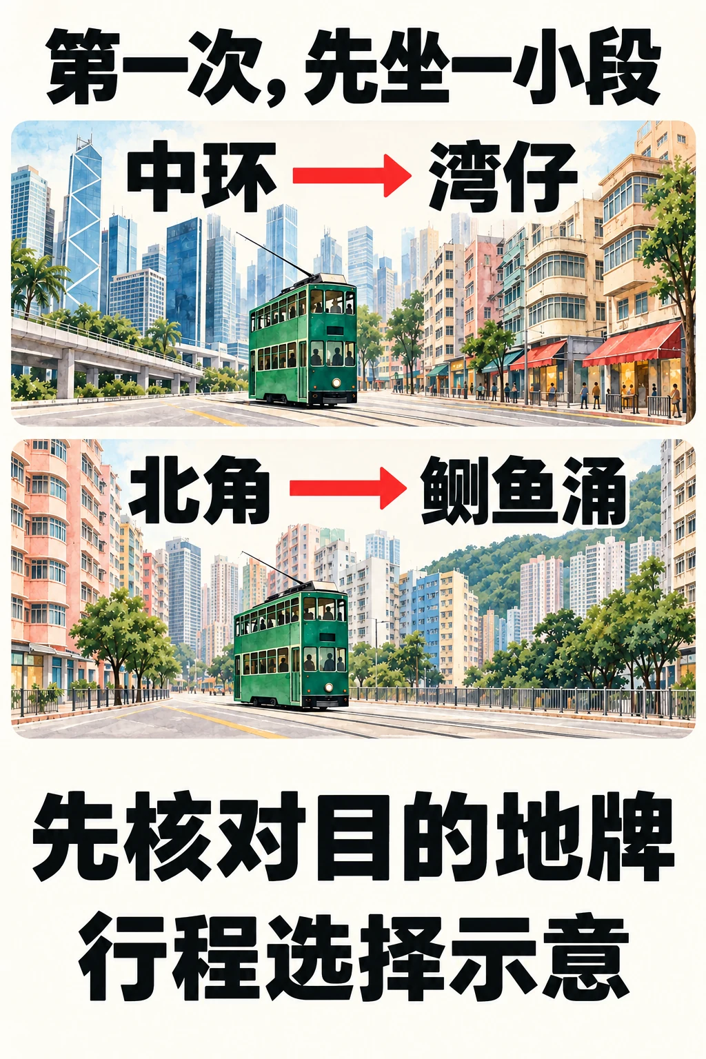 两段短途区域组合示意:中环往湾仔、北角往鲗鱼涌。不是按比例地图,具体站点与当班目的地另查运营方。