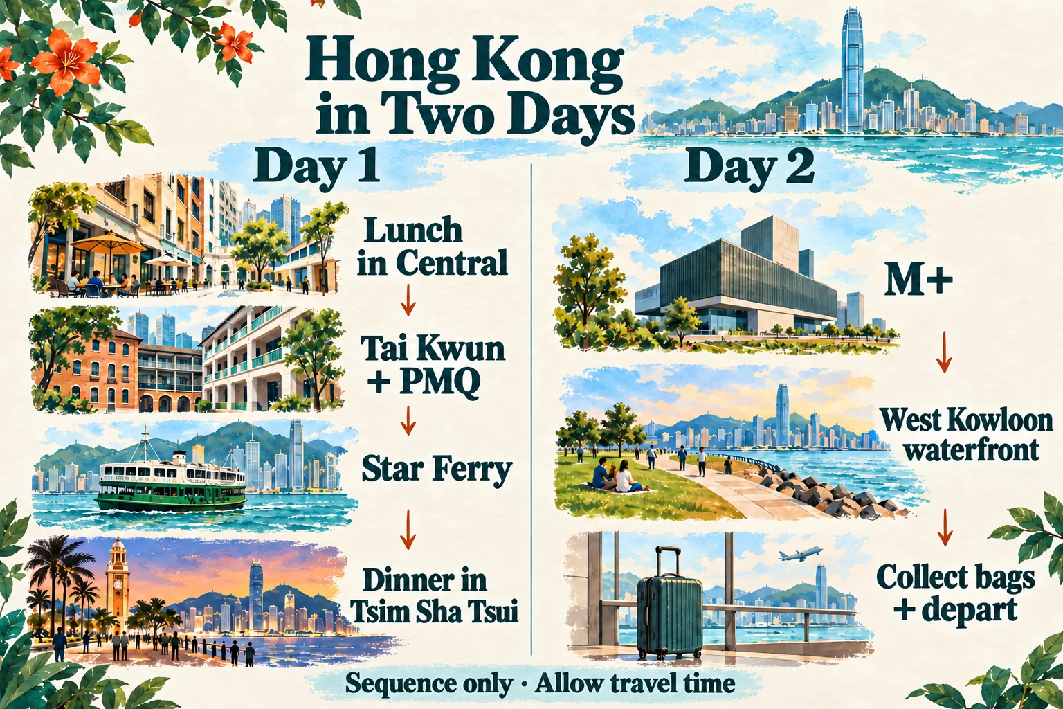 Two-column illustration of Central, a harbour ferry and West Kowloon