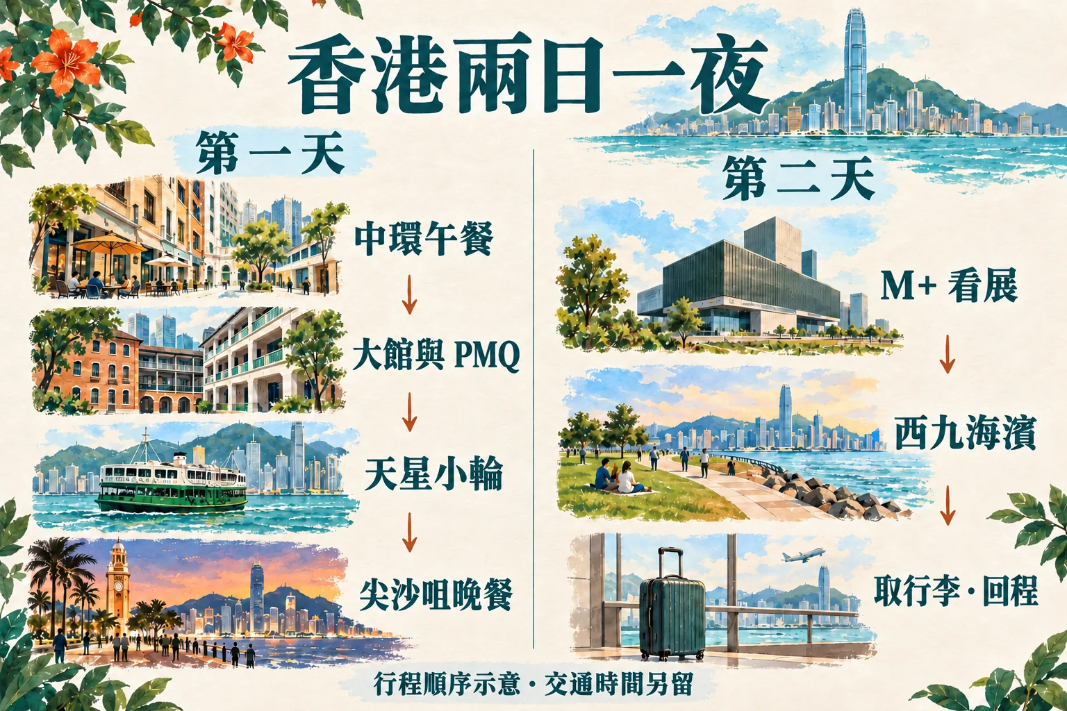 以兩欄呈現中環、渡輪及西九的兩日行程插畫