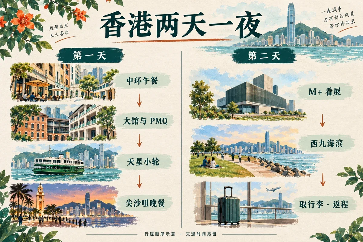 香港两天一夜的中环、大馆、天星小轮与西九行程安排插画