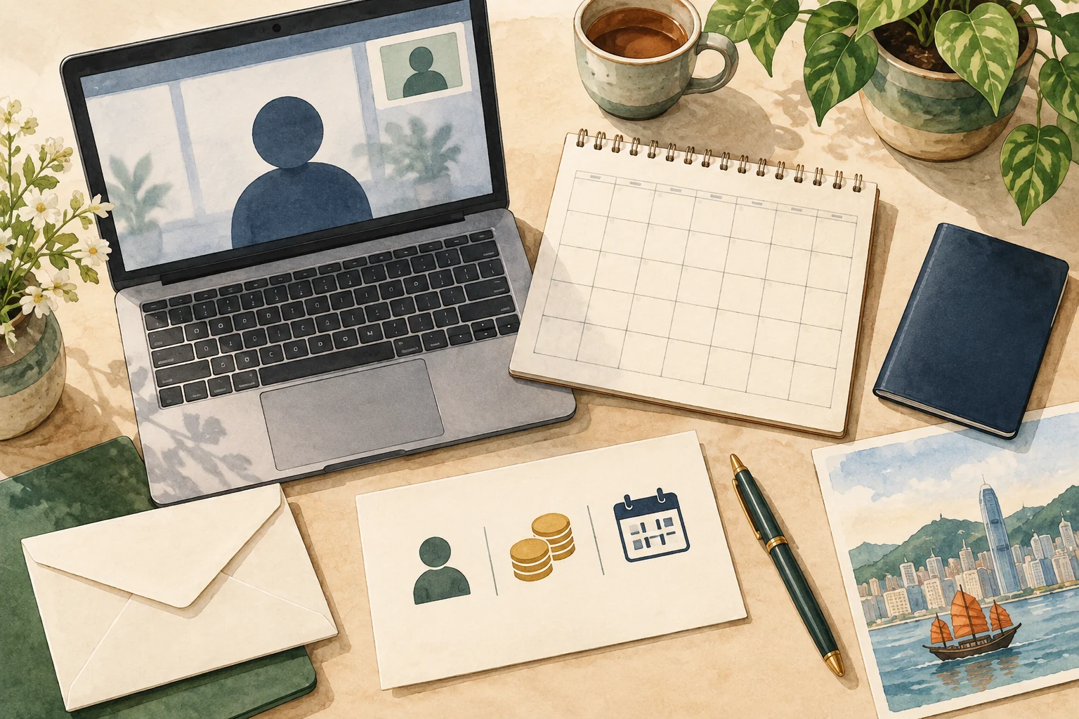 Documents, calendar and coin symbols on a desk for checking duties, dates and remuneration