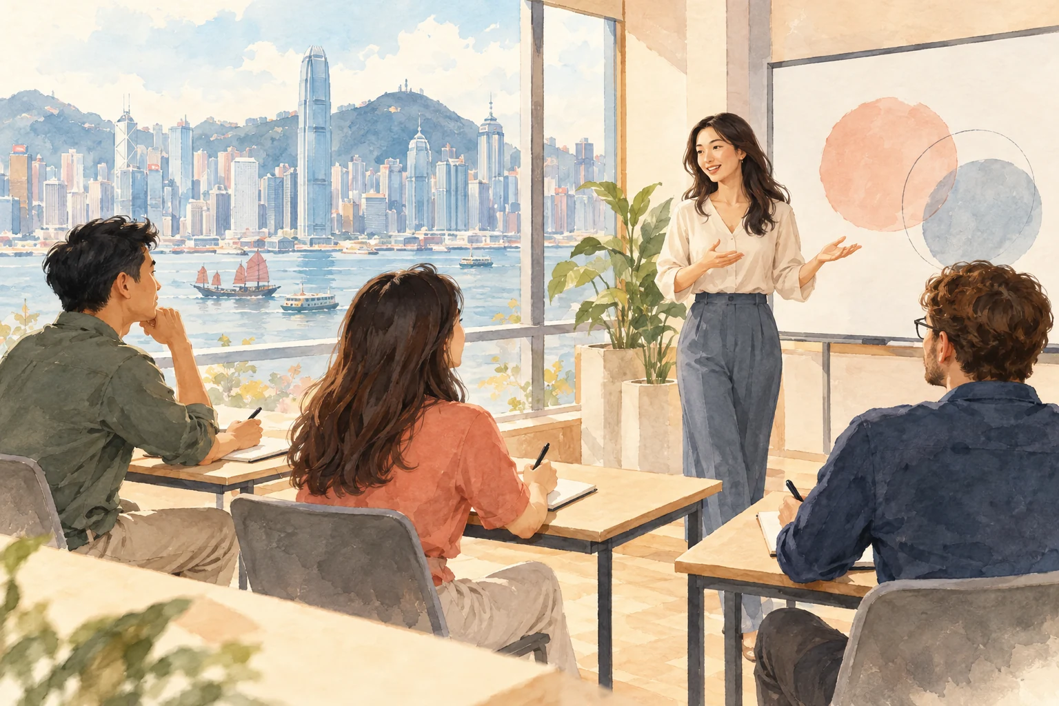 A presenter addresses three adults listening in a classroom