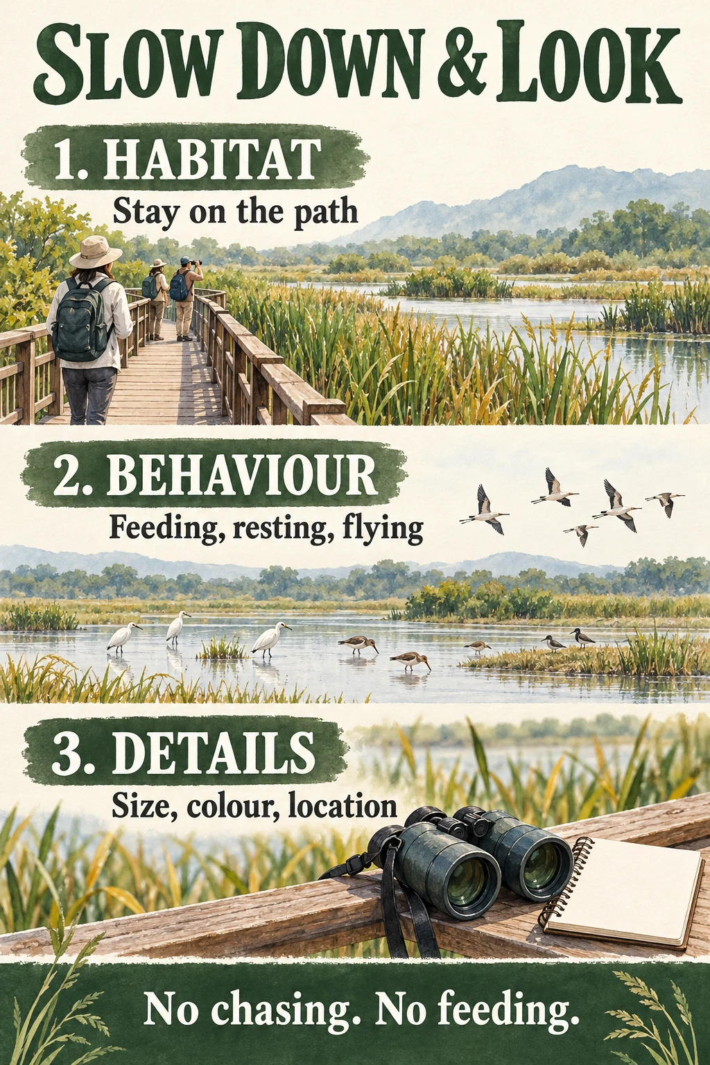 Observe habitat, behaviour and details without chasing or feeding