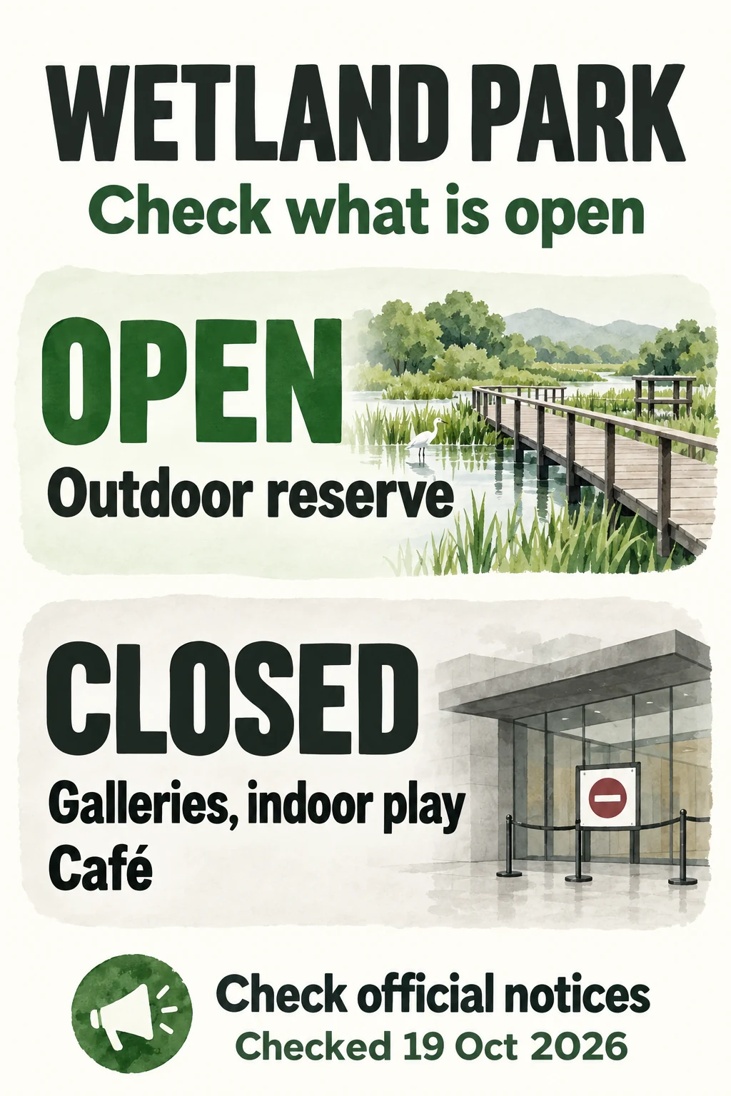 Outdoor reserve open; galleries, indoor play and café closed