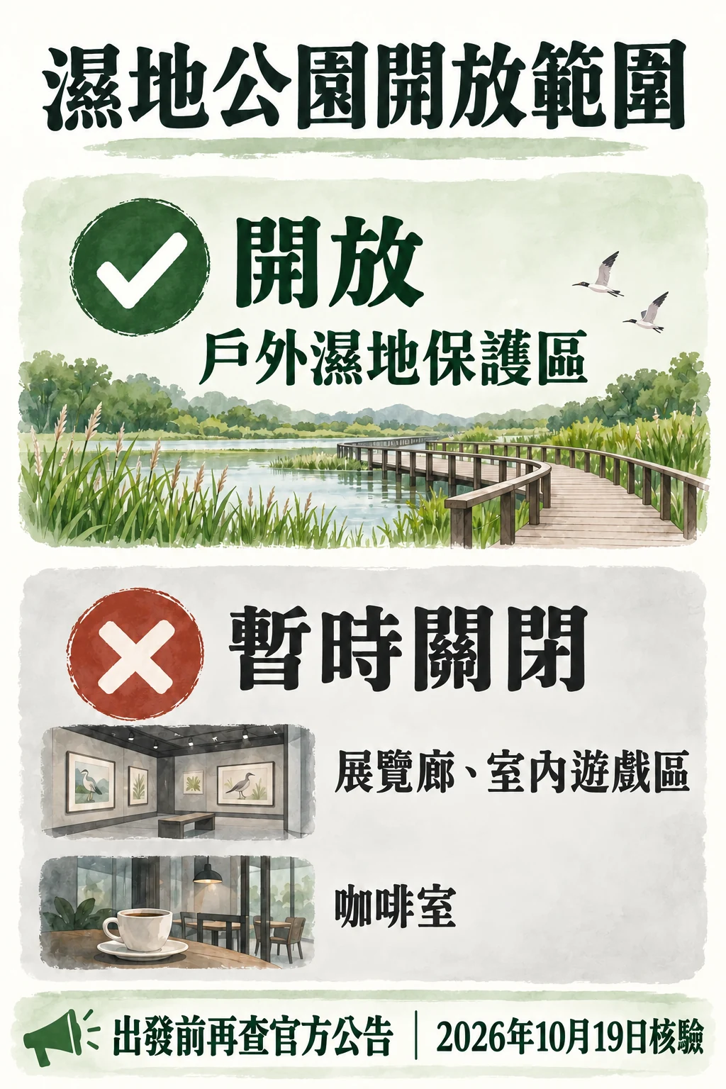 濕地公園戶外保護區開放,展覽廊、室內遊戲區和咖啡室暫閉
