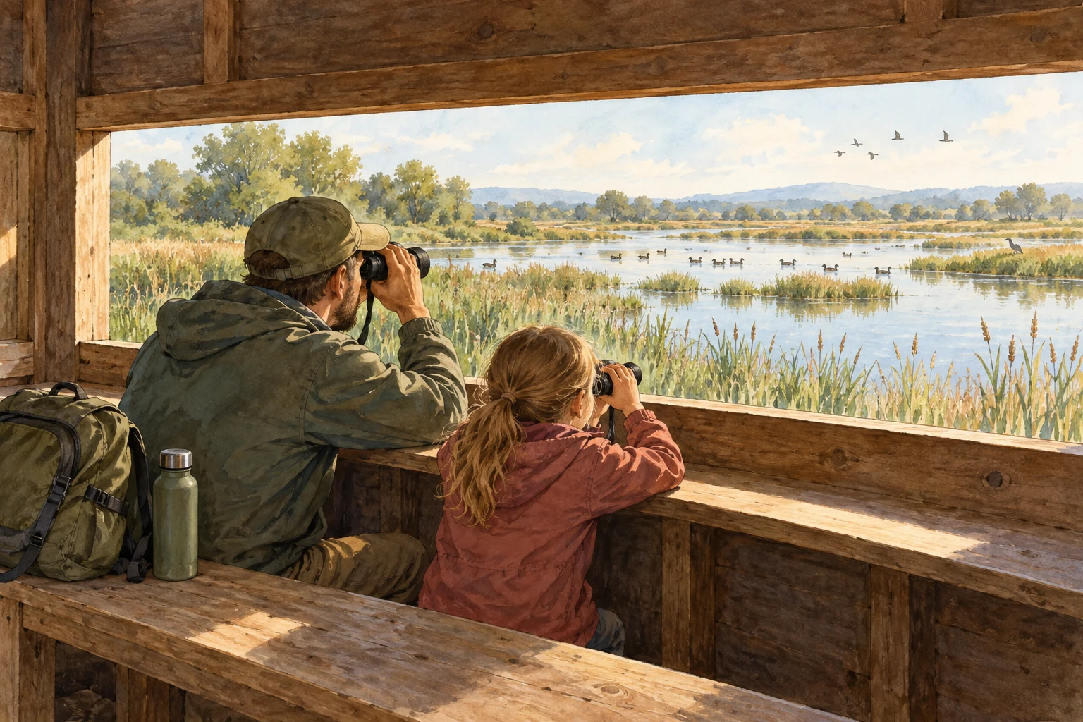 An adult and child quietly using binoculars inside a bird hide