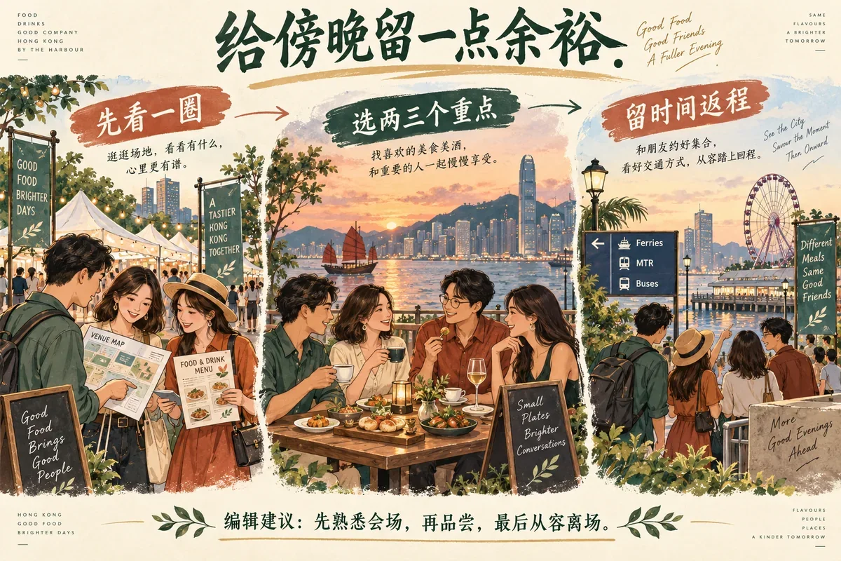 游客先看场地和价目、再选咖啡小食、最后会合离场的三段傍晚游览插画