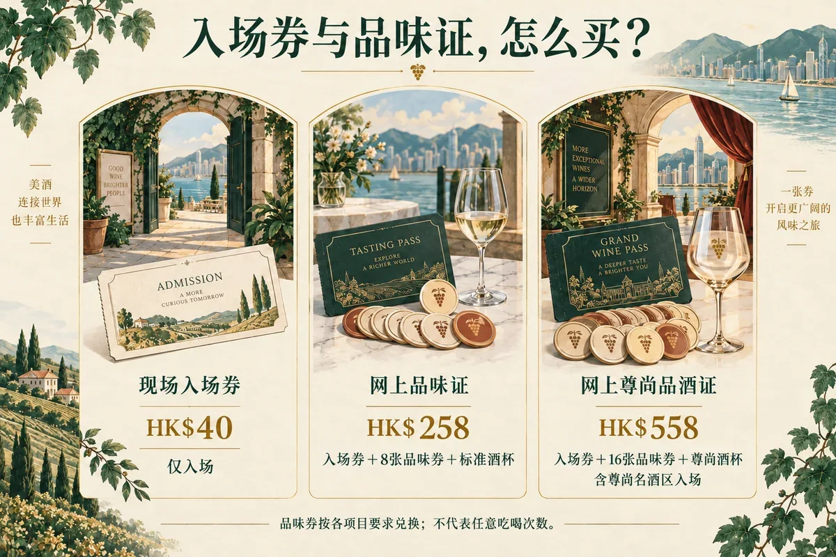 现场40港元入场券、网上258港元品味证和558港元尊尚品酒证的比较示意