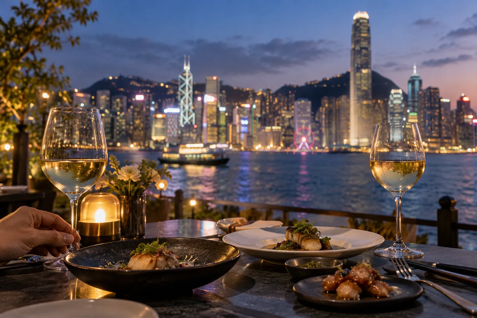 海滨暮色中的餐桌、酒杯与城市灯光