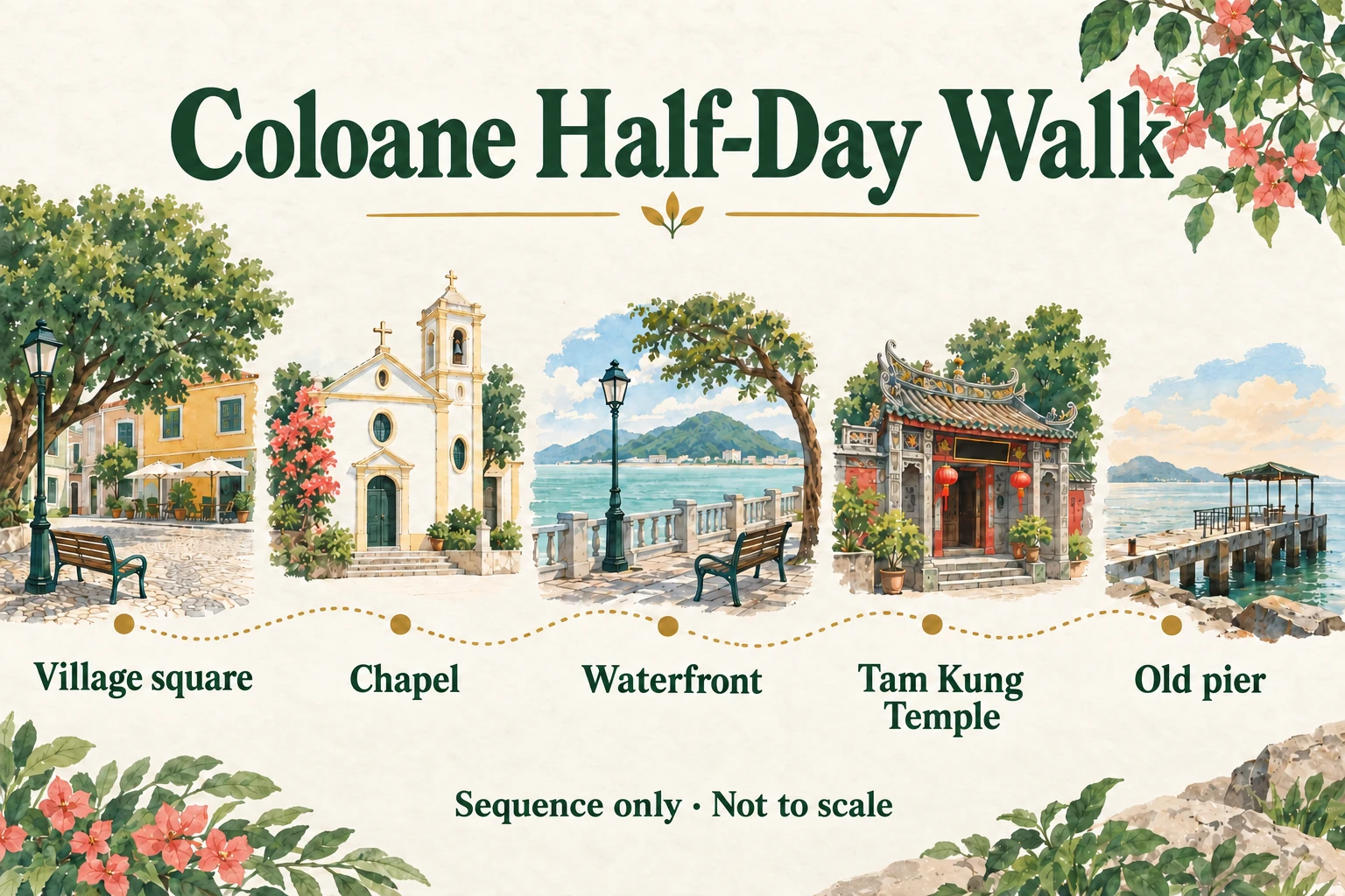 Illustrated sequence of a village square, chapel, waterfront, temple and old pier