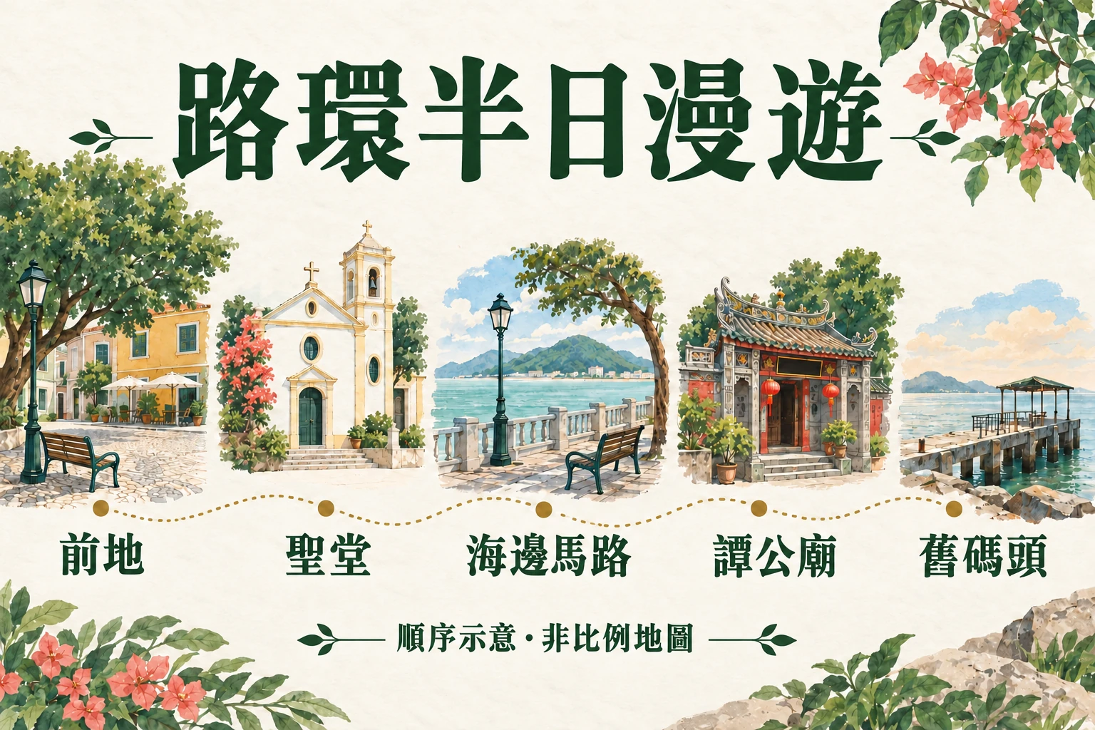 路環前地、聖堂、海邊馬路、譚公廟和舊碼頭的順序示意