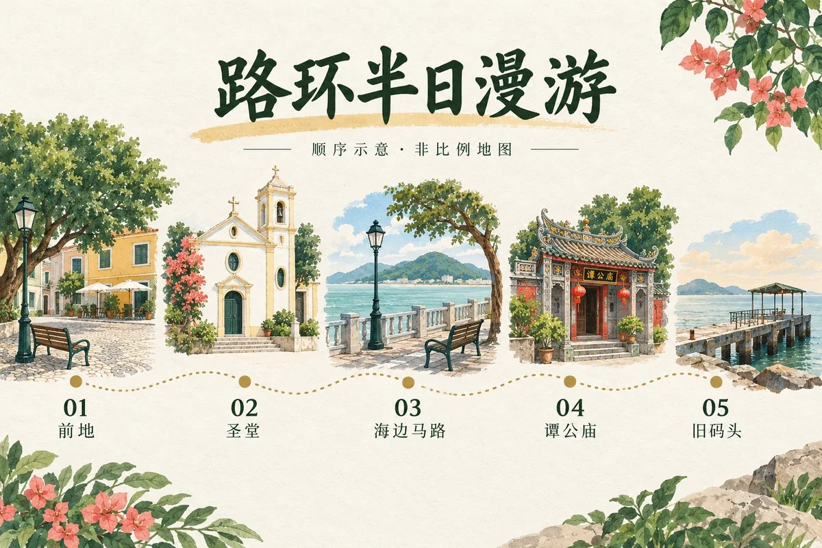 路环前地、圣堂、海边马路、谭公庙和旧码头的游览顺序插画
