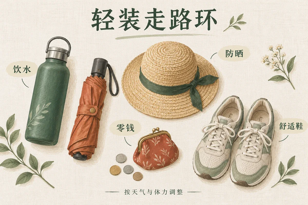 水瓶、遮阳帽、雨伞、零钱包与步行鞋的轻装出行插画