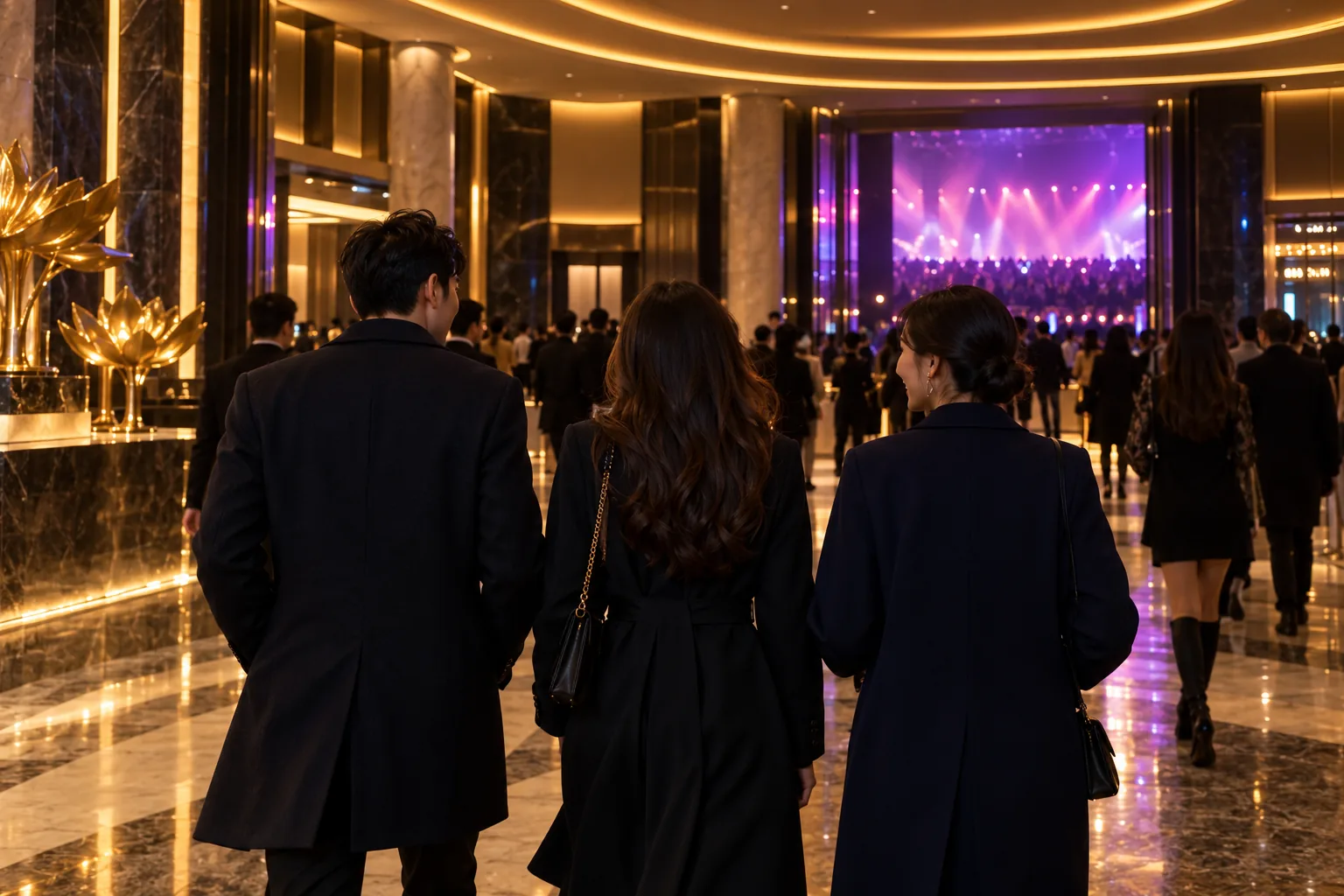 Friends moving through a warmly lit concert foyer