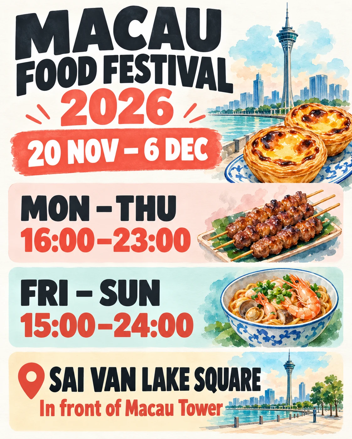 Dates and weekday/weekend opening hours for Macau Food Festival 2026