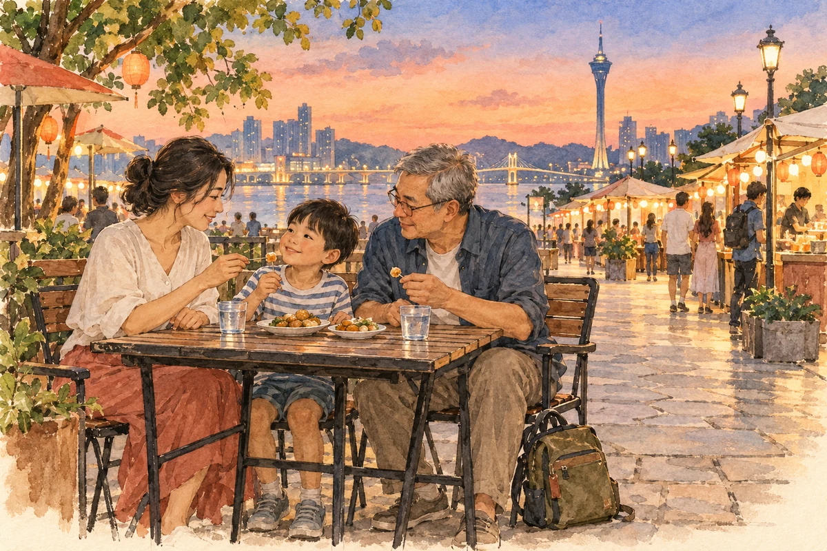 Illustration of a family sharing snacks and giving an older companion a rest