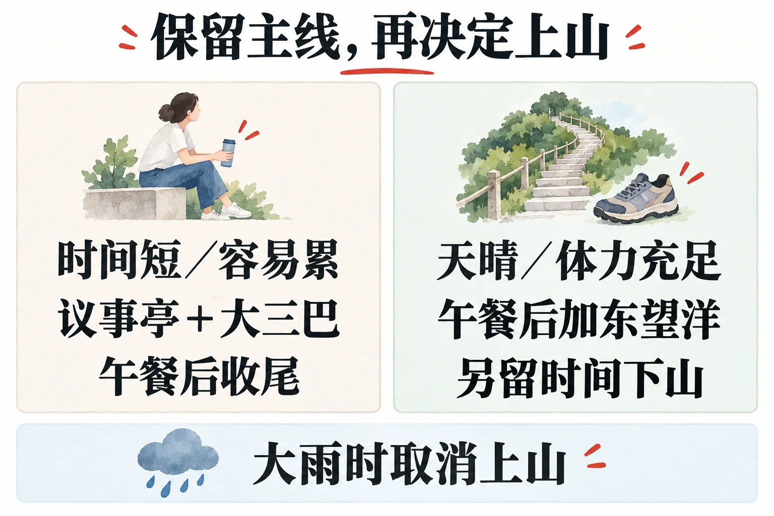 时间短或疲劳时保留主线,天晴且体力充足才加东望洋