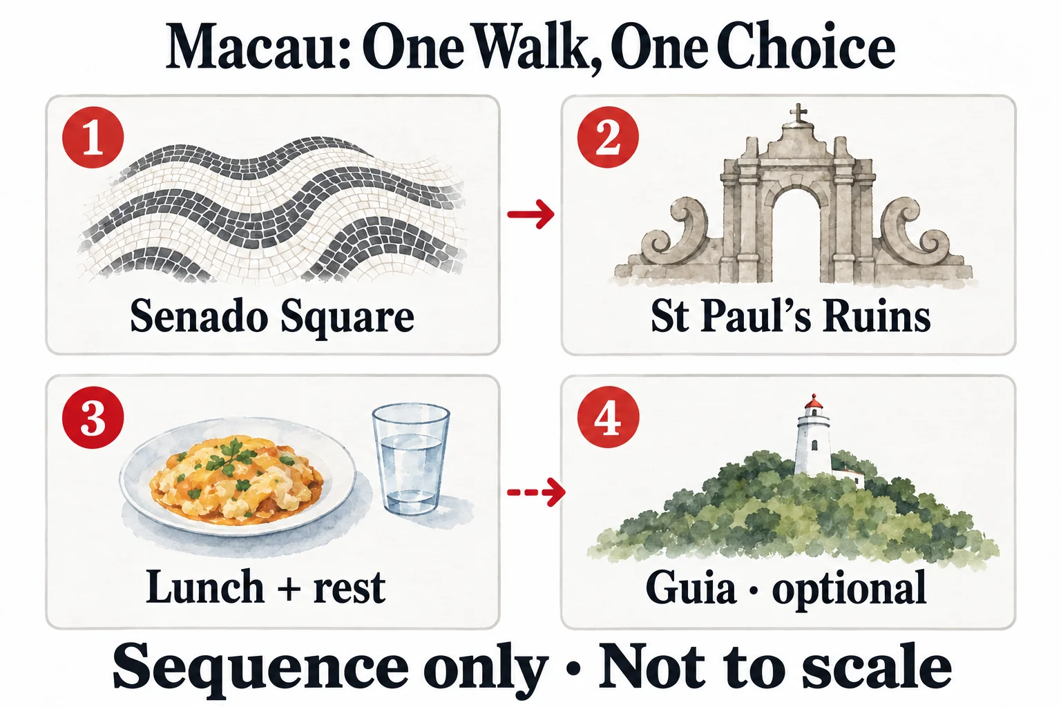 Four stages: Senado Square, St Paul’s, lunch and rest, optional Guia