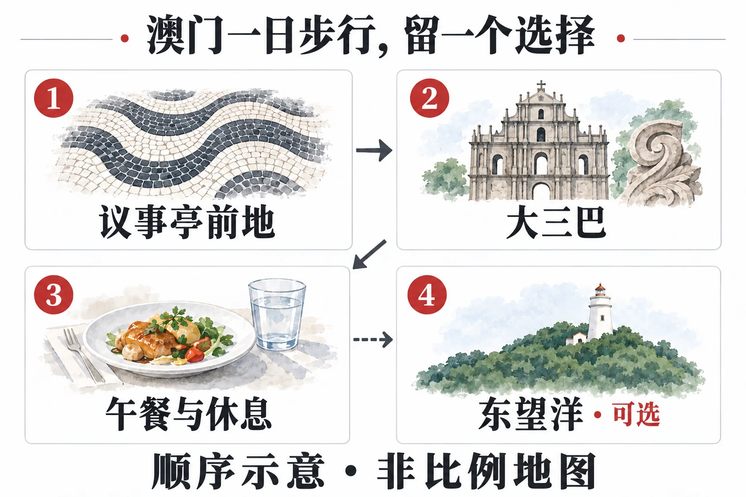 议事亭前地、大三巴、午餐与休息、可选东望洋的四步顺序