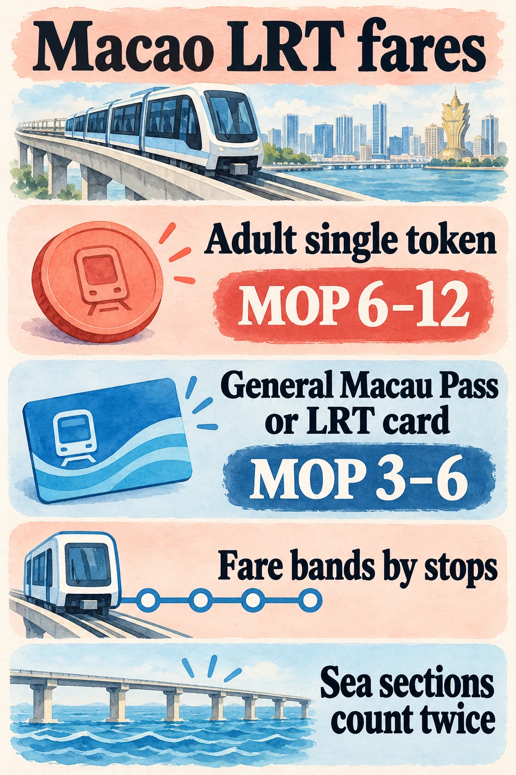 Fare ranges for LRT adult single tickets and general electronic cards