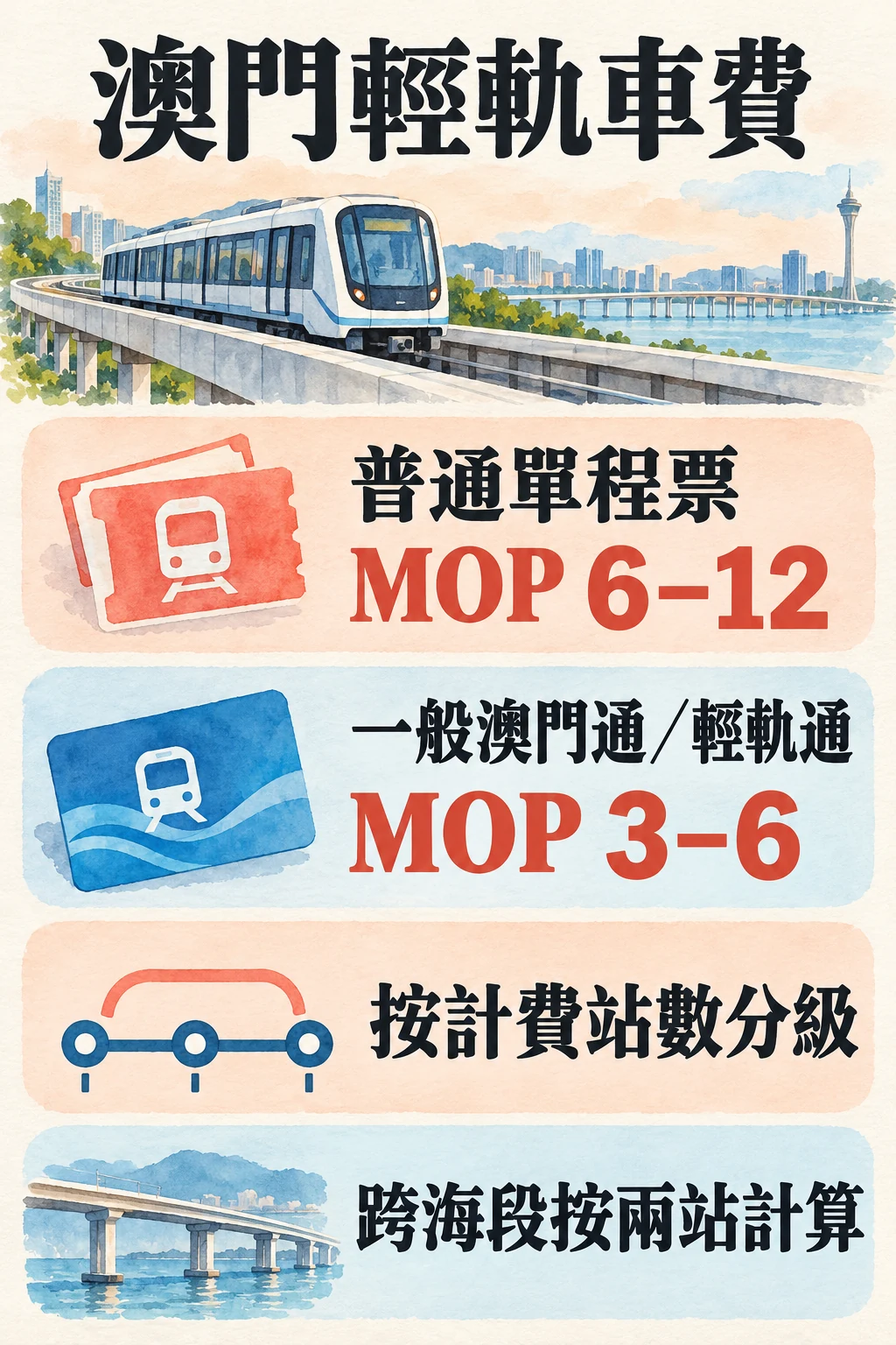 輕軌普通單程票與一般電子卡的票價範圍