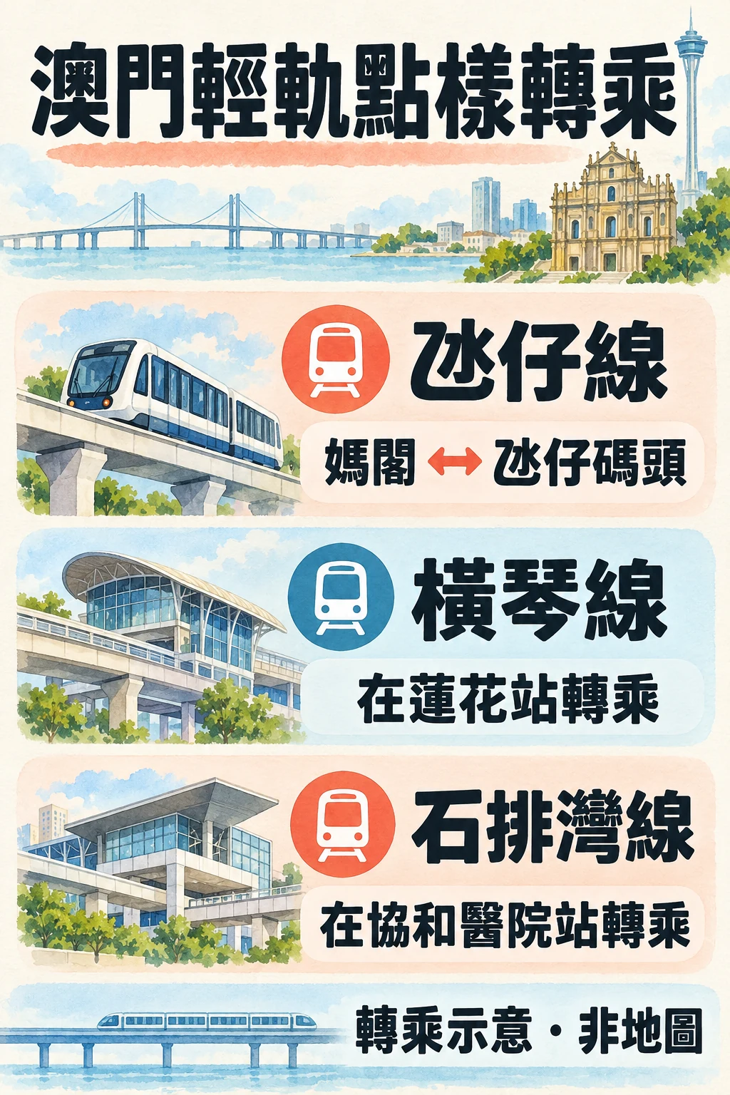 澳門輕軌三條運營線路與蓮花、協和醫院換乘關係示意